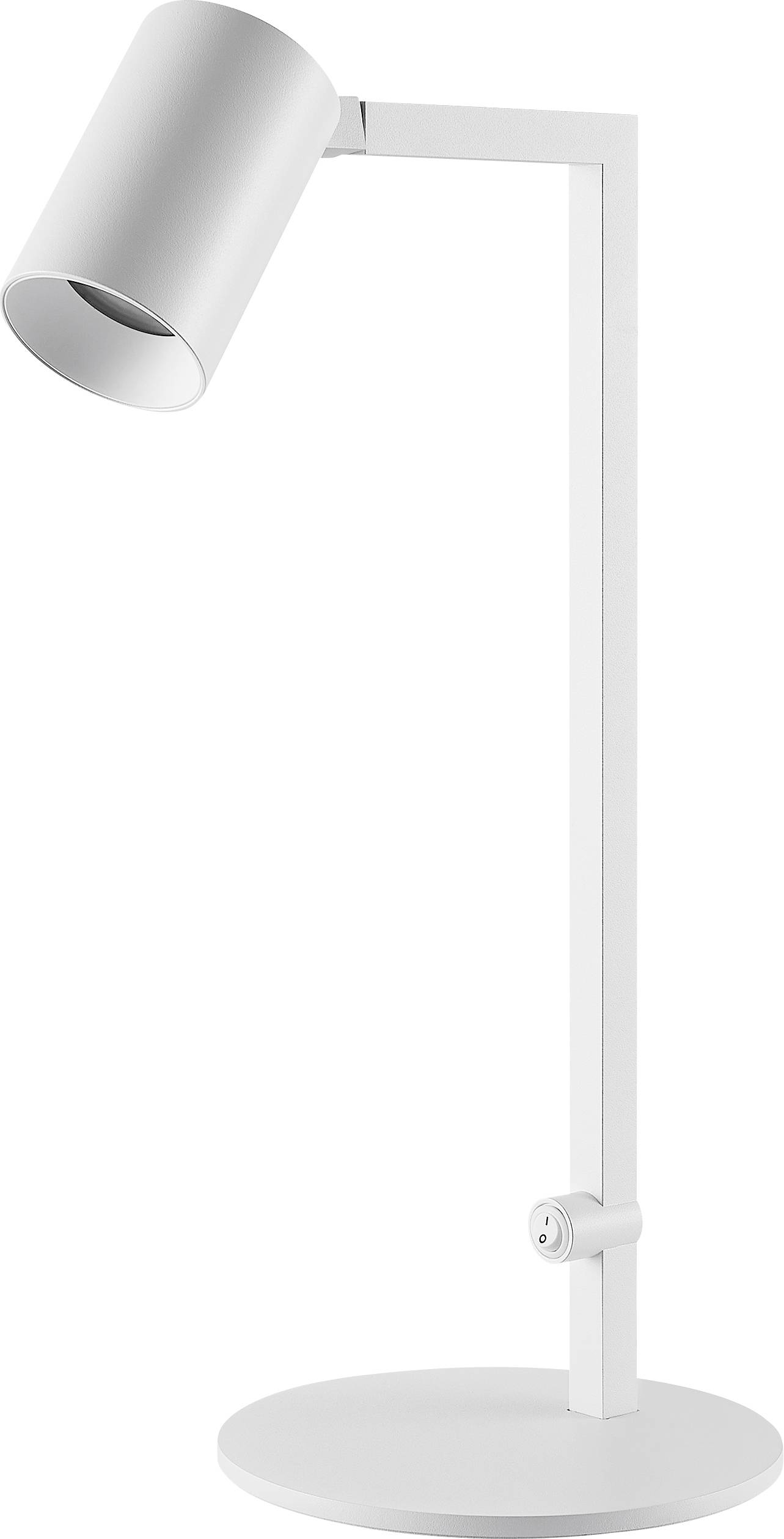 Moderne weiße verstellbare Schreibtischlampe mit zylindrischem Spotlightkopf auf rundem Sockel.