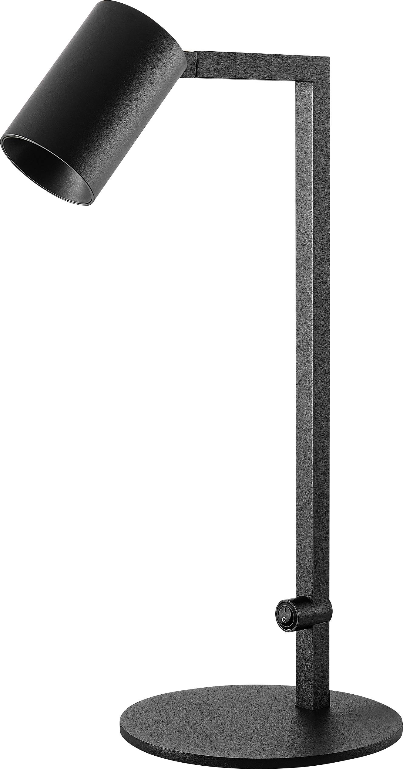 Schwarze verstellbare Schreibtischlampe mit runder Basis und gewinkltem zylindrischem Kopf auf einem minimalistischen Ständer.