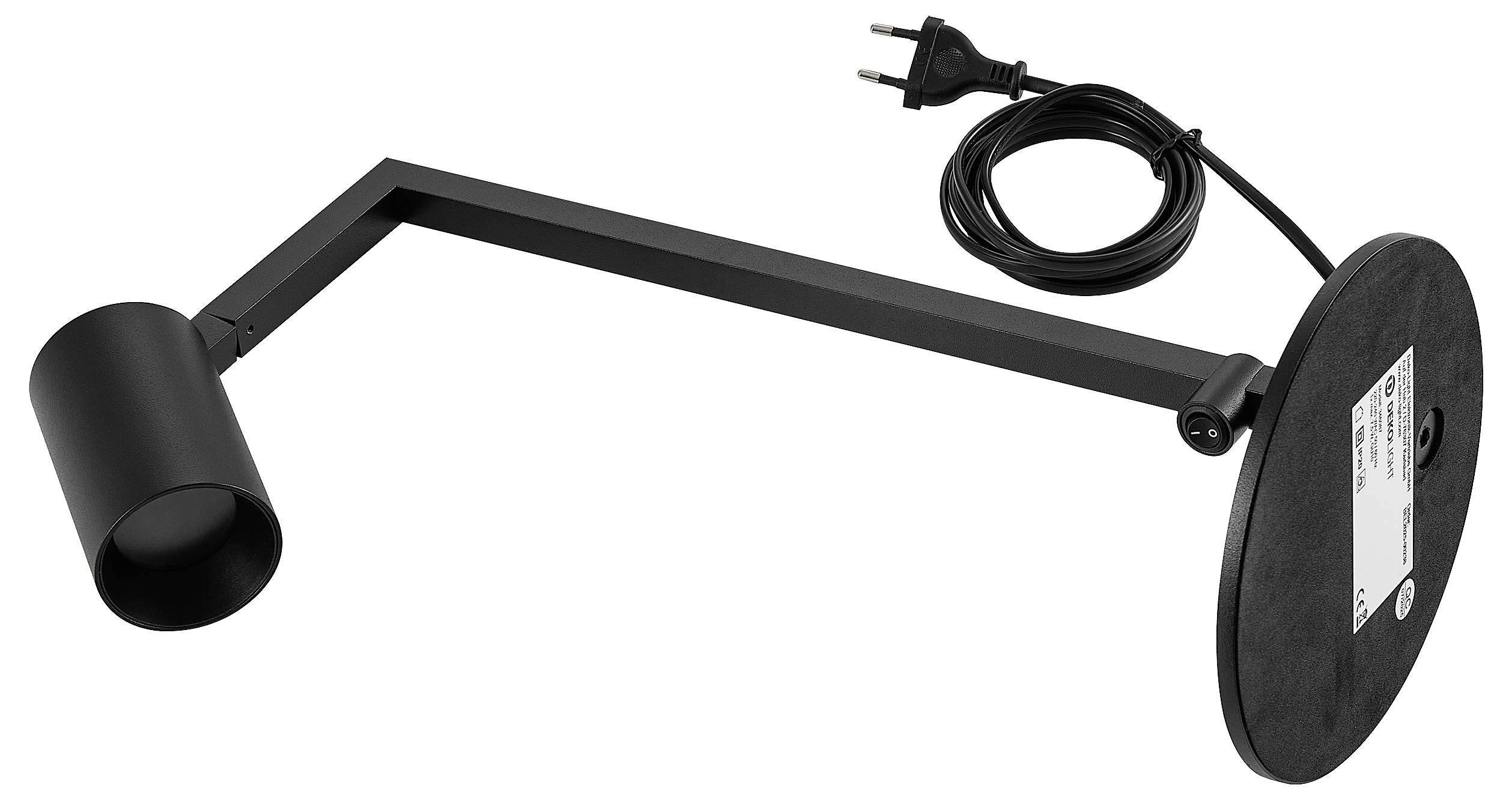 Schwarze einstellbare Steckleuchte mit zylindrischem Kopf, gelenkigem Arm, rundem Montagefuß und angebrachtem Stromkabel.