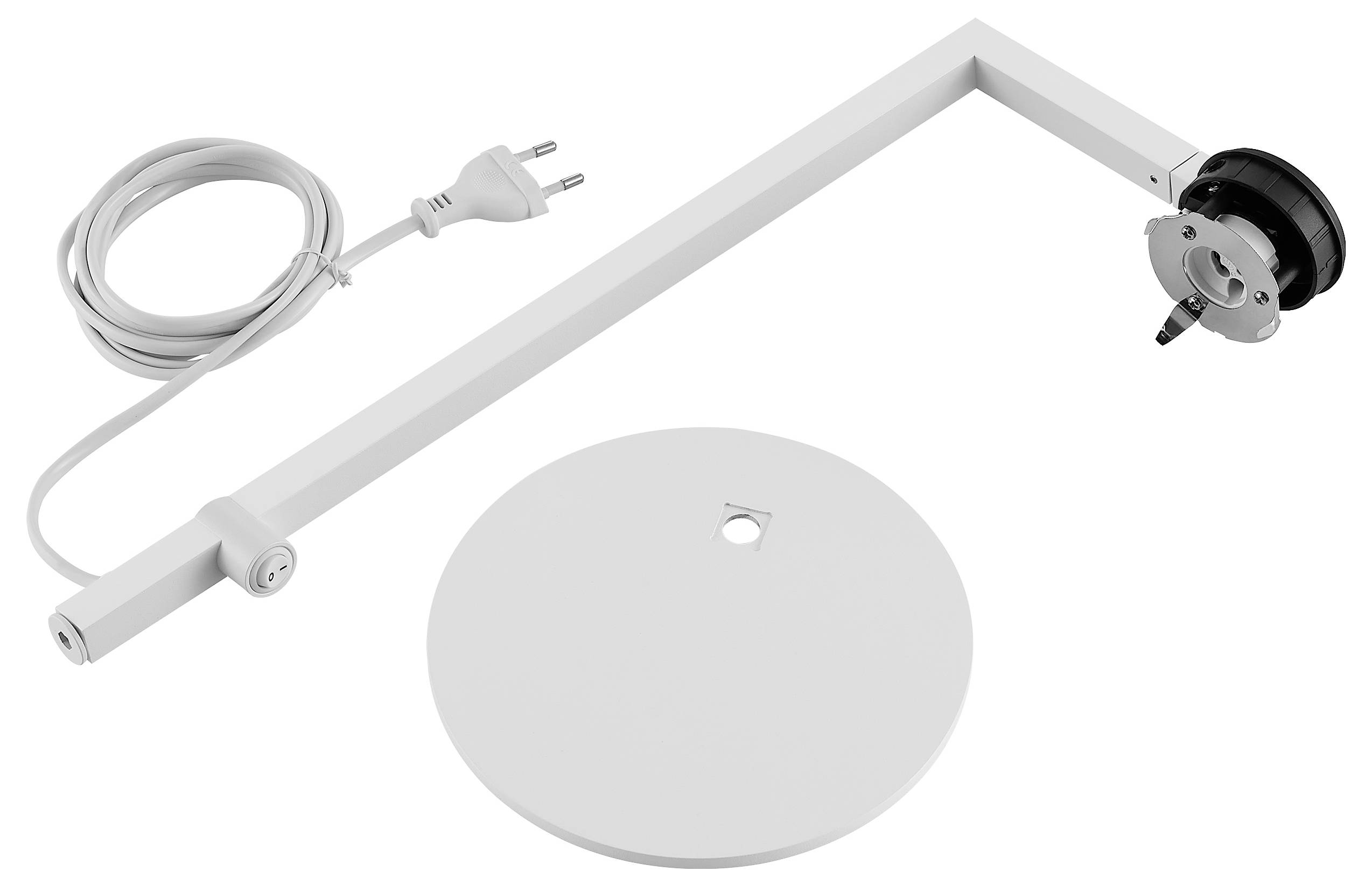 Weißer elektrischer Armmechanismus mit Stromkabel und Stecker neben einer runden Grundplatte, dargestellt als separate Produktkomponenten.