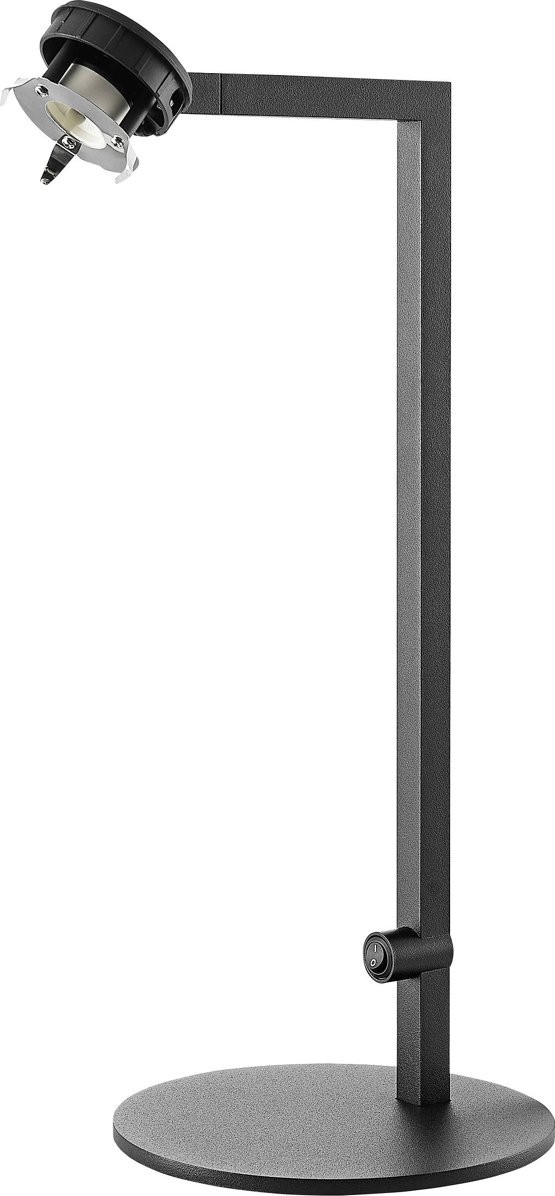 Schwarze verstellbare Schreibtischlampe mit rundem Sockel und winkelbarem Spotlightkopf auf weißem Hintergrund.