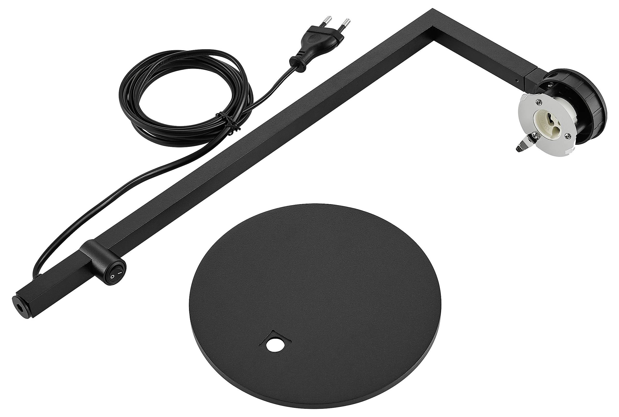 Schwarze gelenkige Lampenarm mit Stromkabel und Befestigungszubehör, gezeigt mit einer runden schwarzen Grundplatte.
