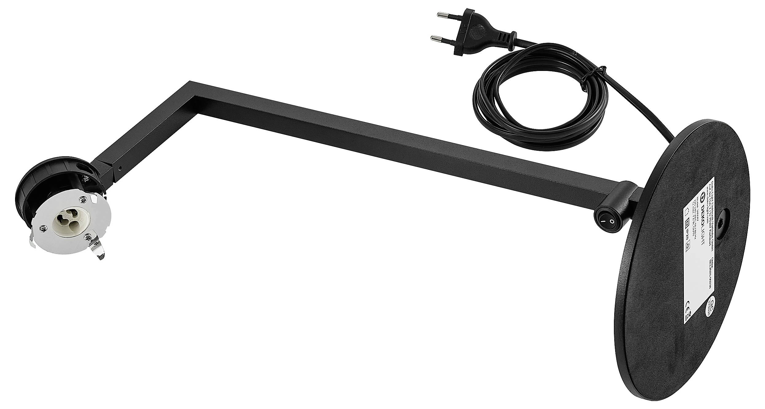 Schwarze verstellbare Lampenarm mit montierter Fassung und rundem Sockel, gezeigt mit angebrachtem Stromkabel und Stecker auf weißem Hintergrund.