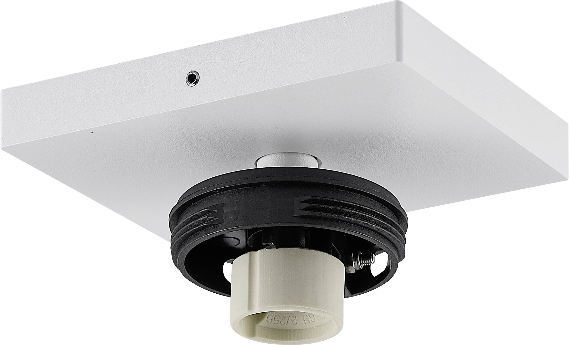 Eine weiße an der Decke montierte Leuchte mit einem schwarzen verstellbaren Sensor- oder Kameragehäuse und einem kleinen zylindrischen Bauteil darunter.