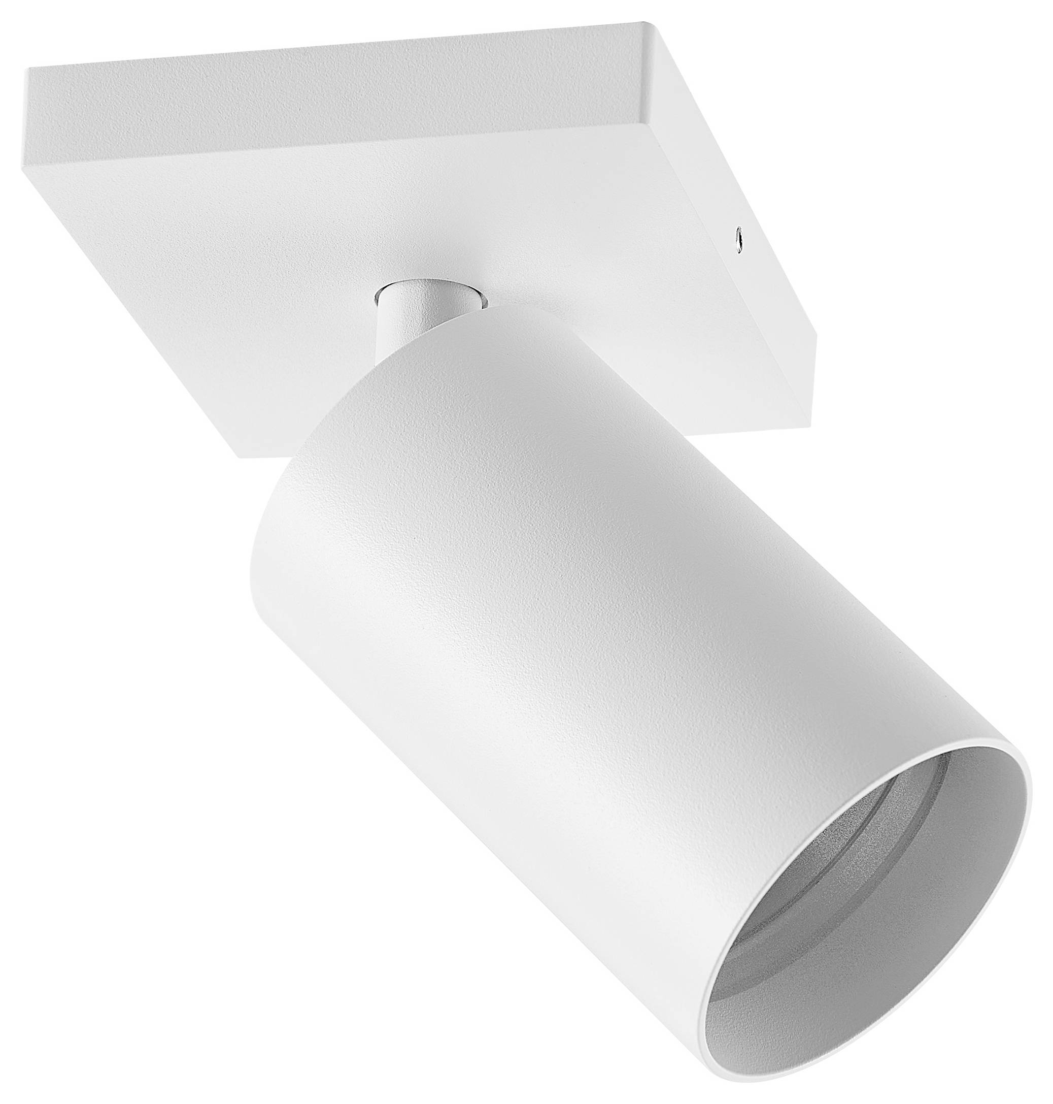 Nahaufnahme eines schwarzen Deckenspotlights, das auf einer gekrümmten weißen Decke montiert ist und nach unten gerichtet ist.