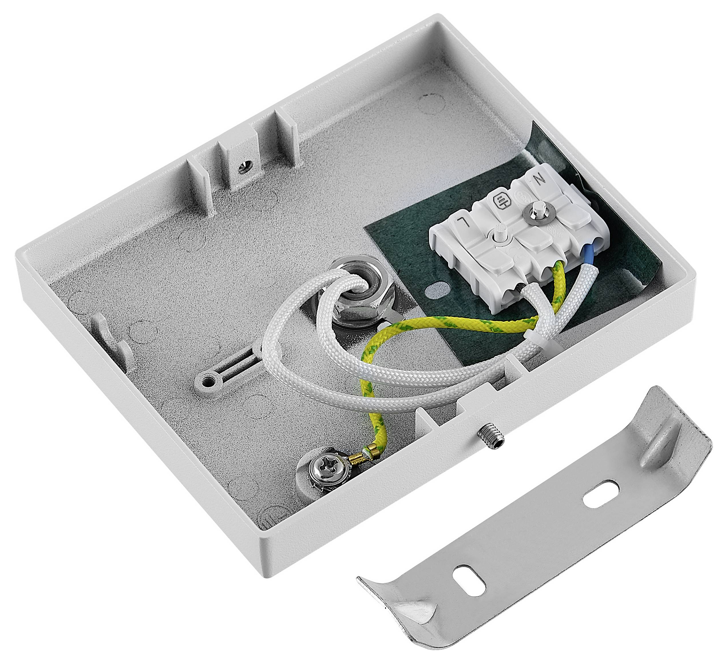 Elektrische Verteilerdose mit interner Verdrahtung und Klemmleiste, plus eine separate Montageklammer wie unten dargestellt.