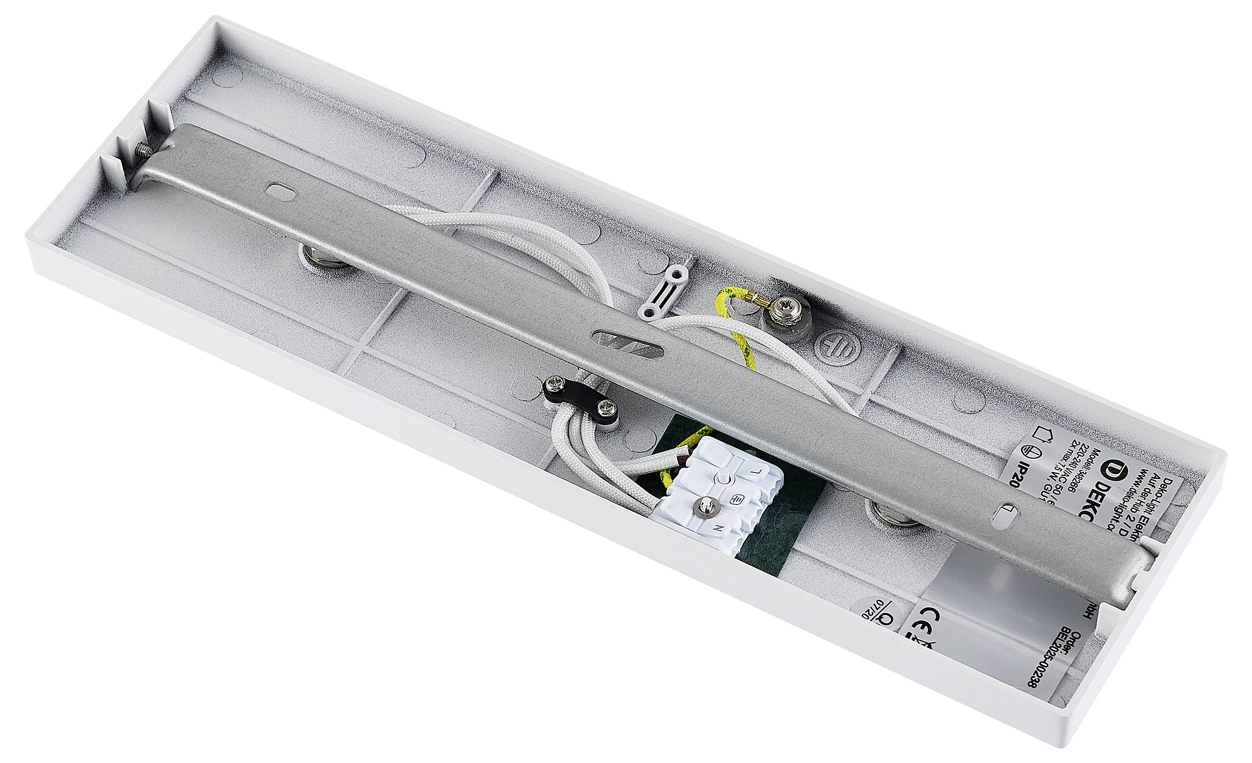 Offene Leuchtstoffleuchte mit Metallgehäuse, Verdrahtung und Lampenfassungsanordnung von oben dargestellt.