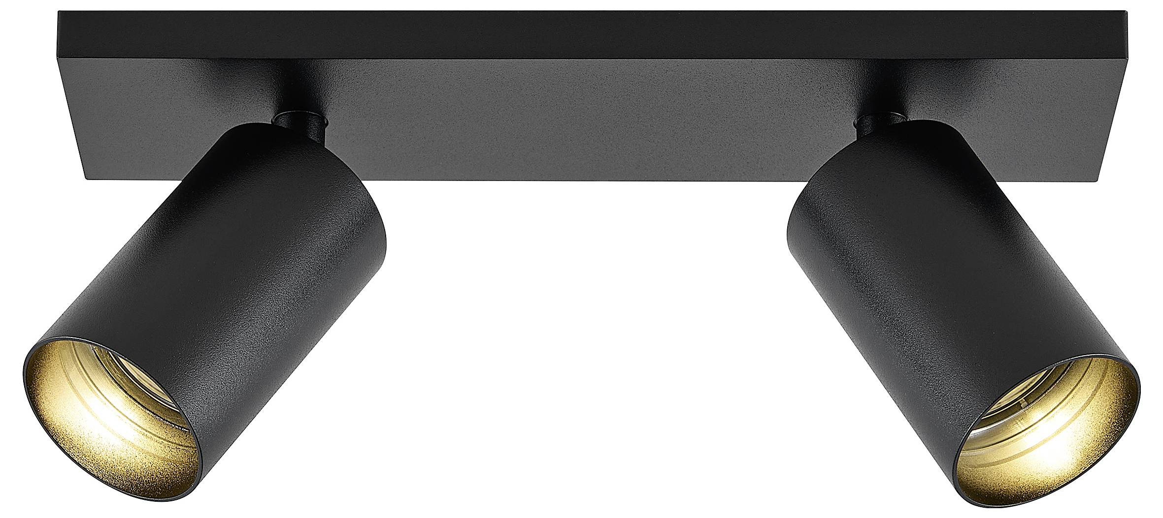 Weißes doppeltes Deckenspotlight, das zwei warme Lichtstrahlen auf eine schlichte Wand wirft.
