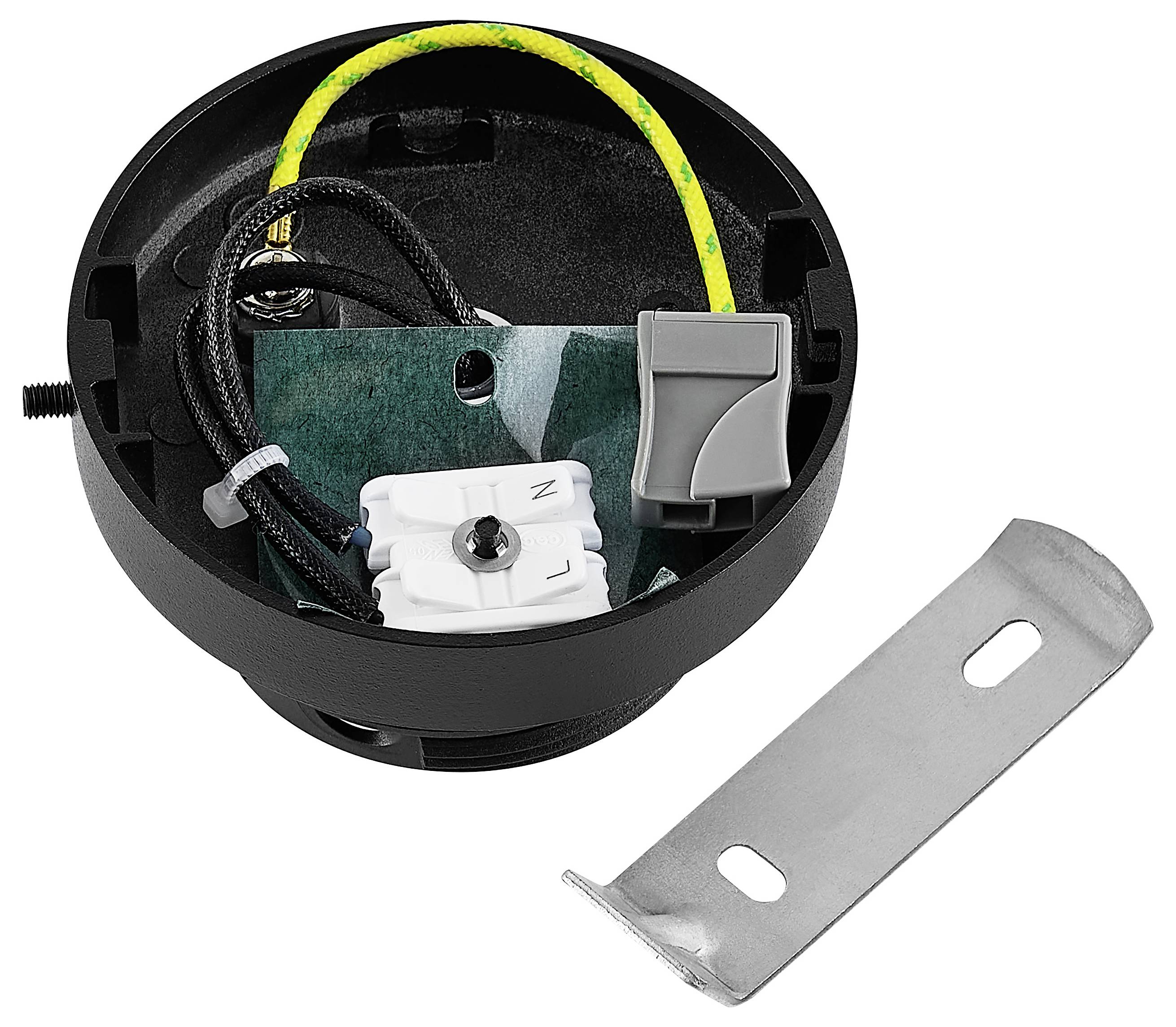 Schwarze runde elektrische Verteilerdose mit innerer Verdrahtung, Steckverbinder und Schaltermodul; metallische Befestigungsklammer daneben abgebildet.