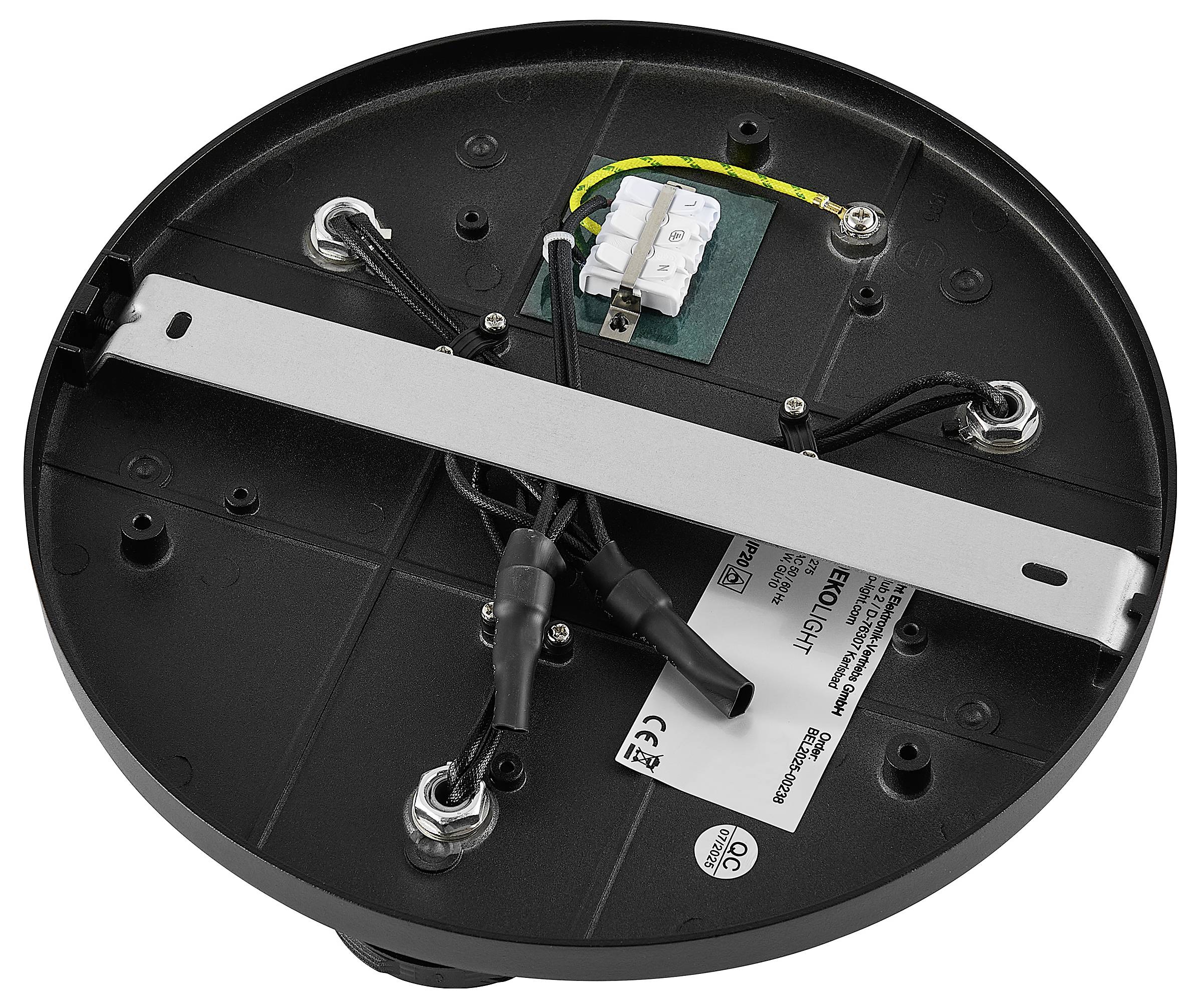 Unteransicht einer runden schwarzen Leuchte mit Metallmontagestange, Verdrahtung und elektrischem Stecker zur Deckenmontage.