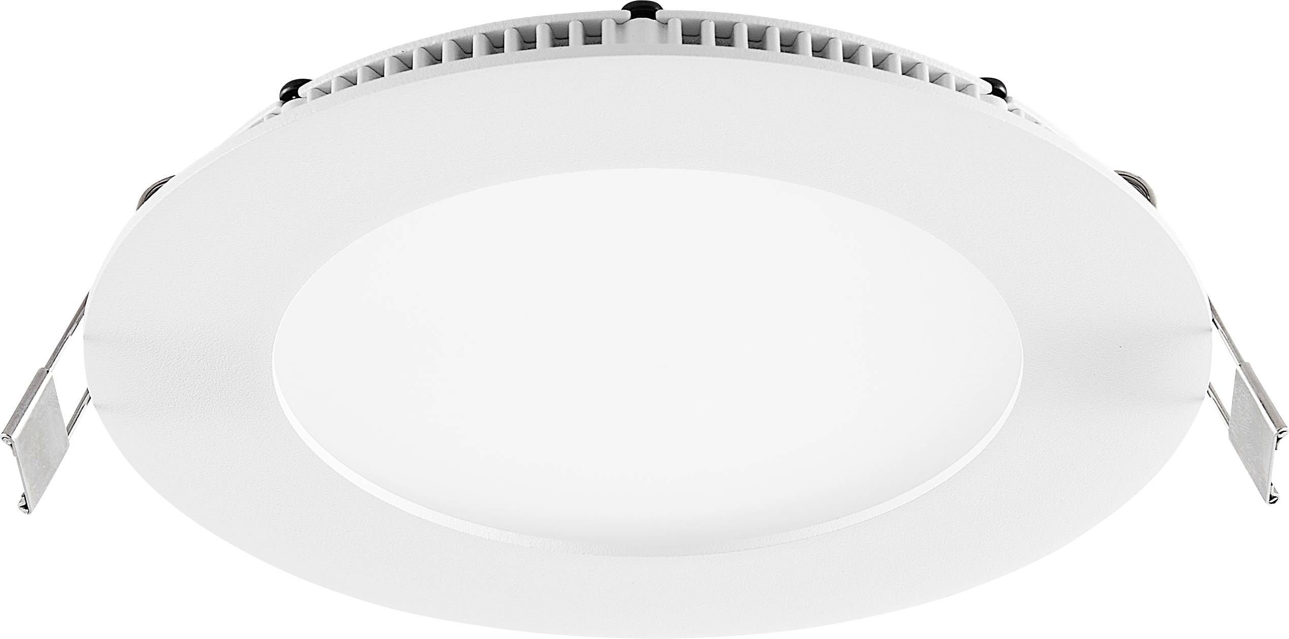Runde LED-Einbauleuchte für die Decke, weiß mit Federklammern auf beiden Seiten.