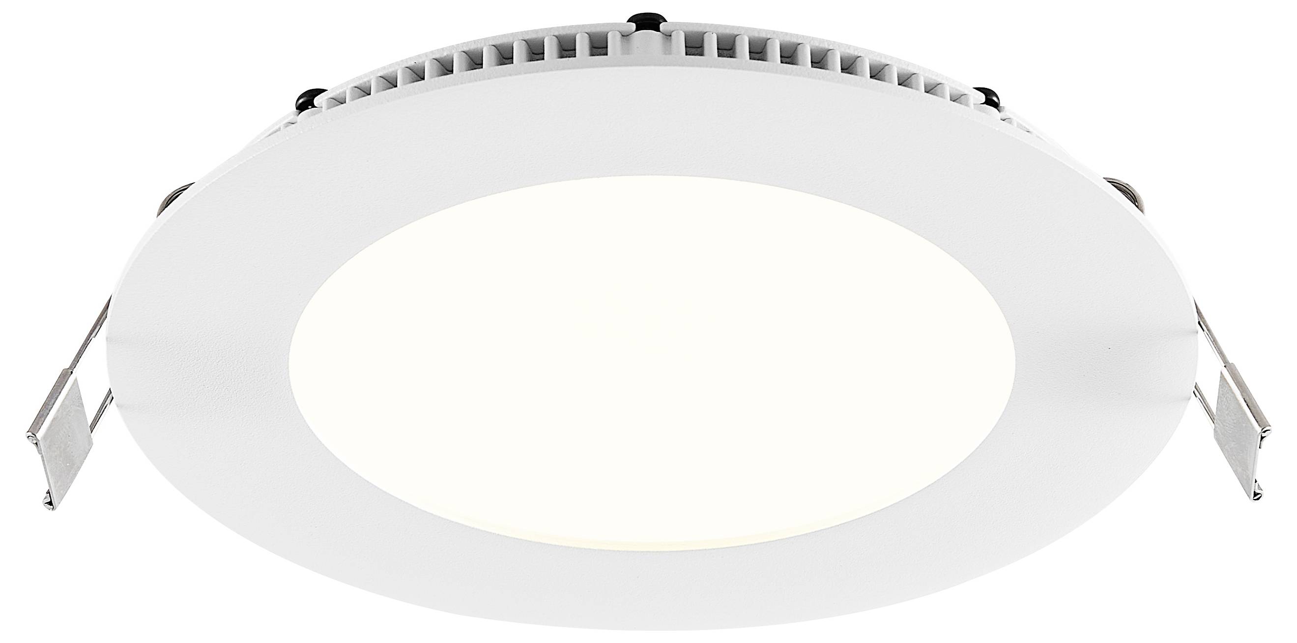 Rundes, bündiges LED-Deckenleuchten-Einbaugehäuse mit weißem Rand und seitlichen Federclips, von unten auf weißem Hintergrund gezeigt