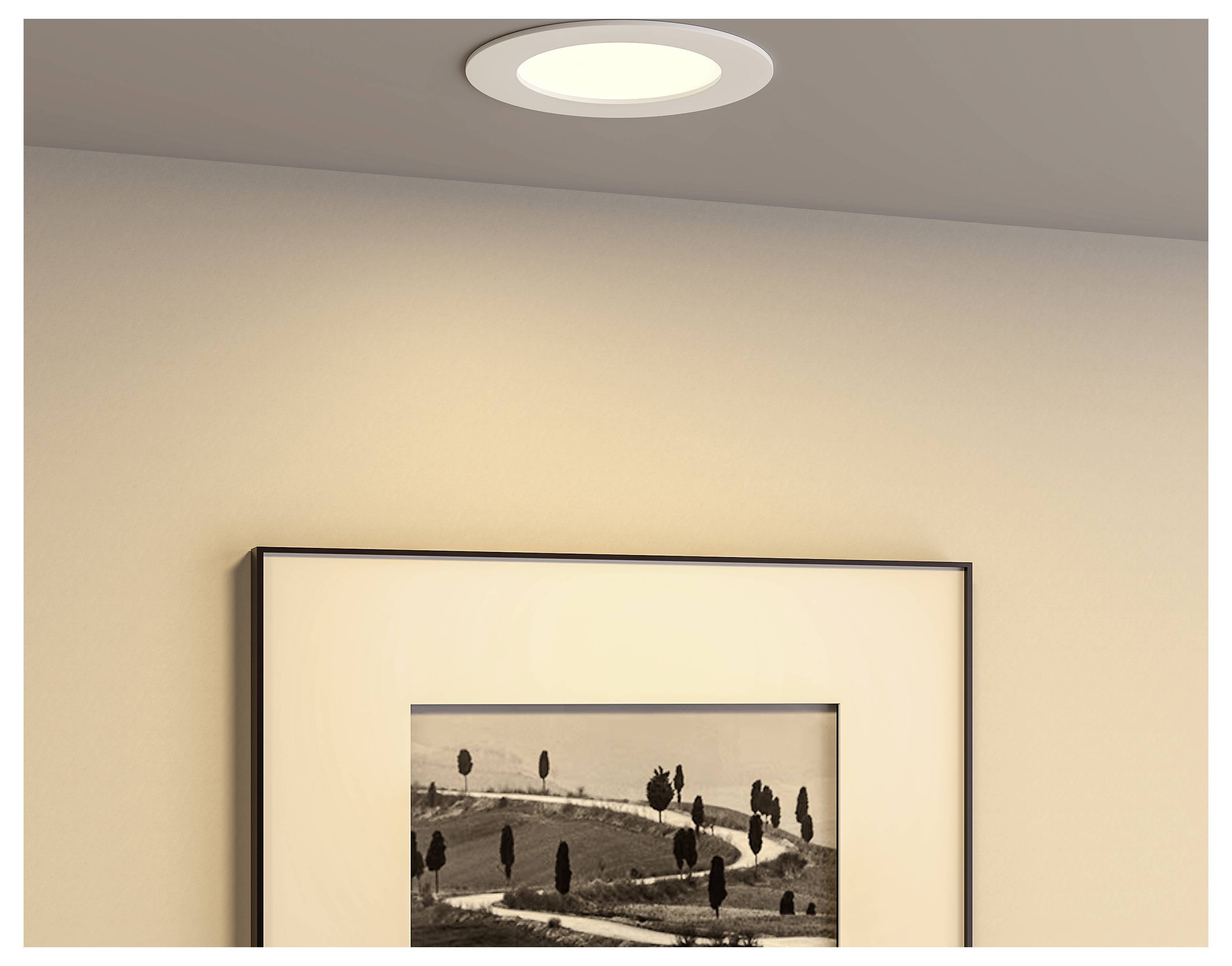 Gerahmtes schwarz-weiß Landschaftsfoto, das an einer beigen Wand unter einer Einbaudeckenleuchte hängt.