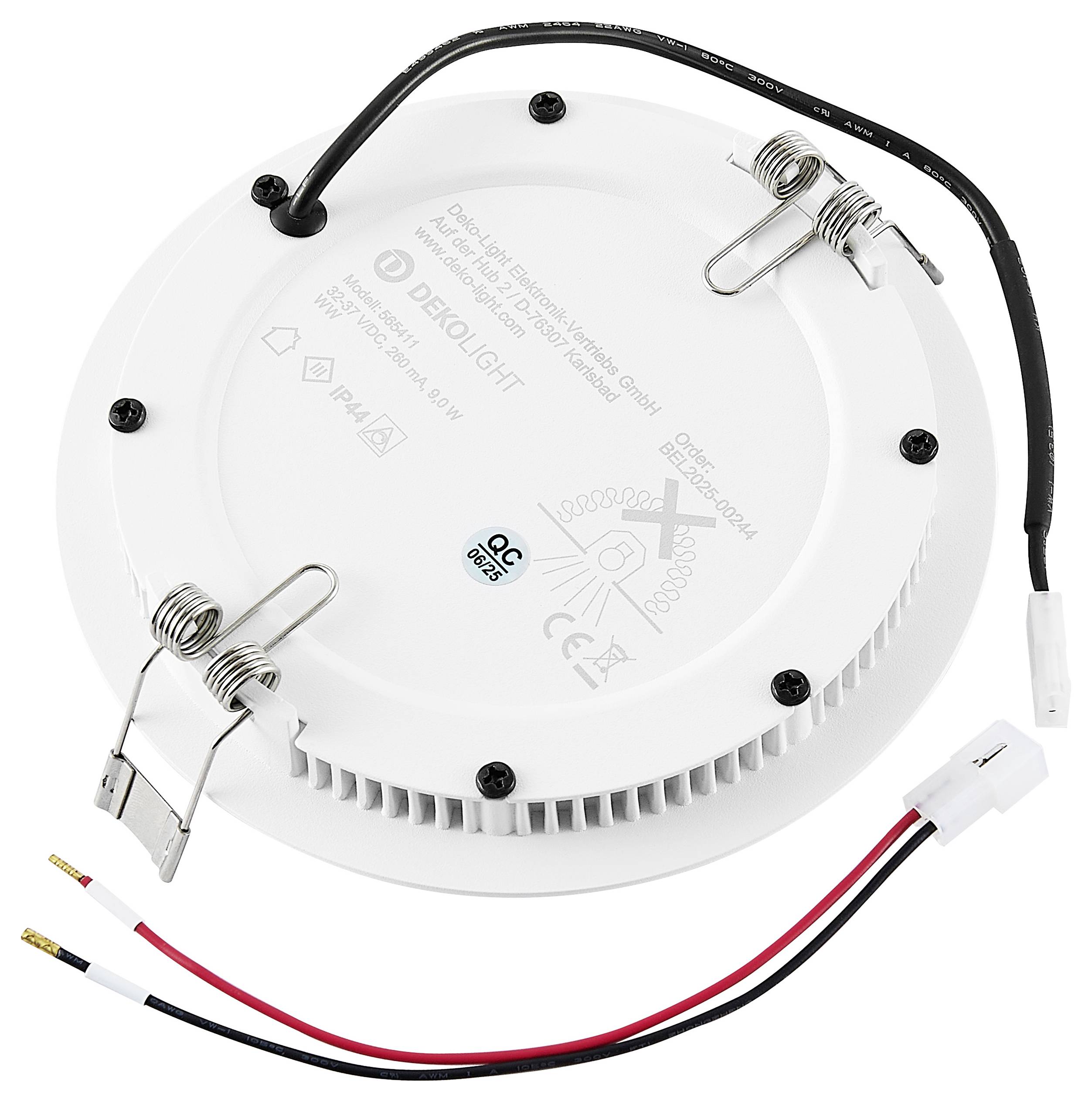 Rundes weißes LED-Panellicht mit angebrachten Drähten und Federklemmen zur Einbau in die abgehängte Decke.