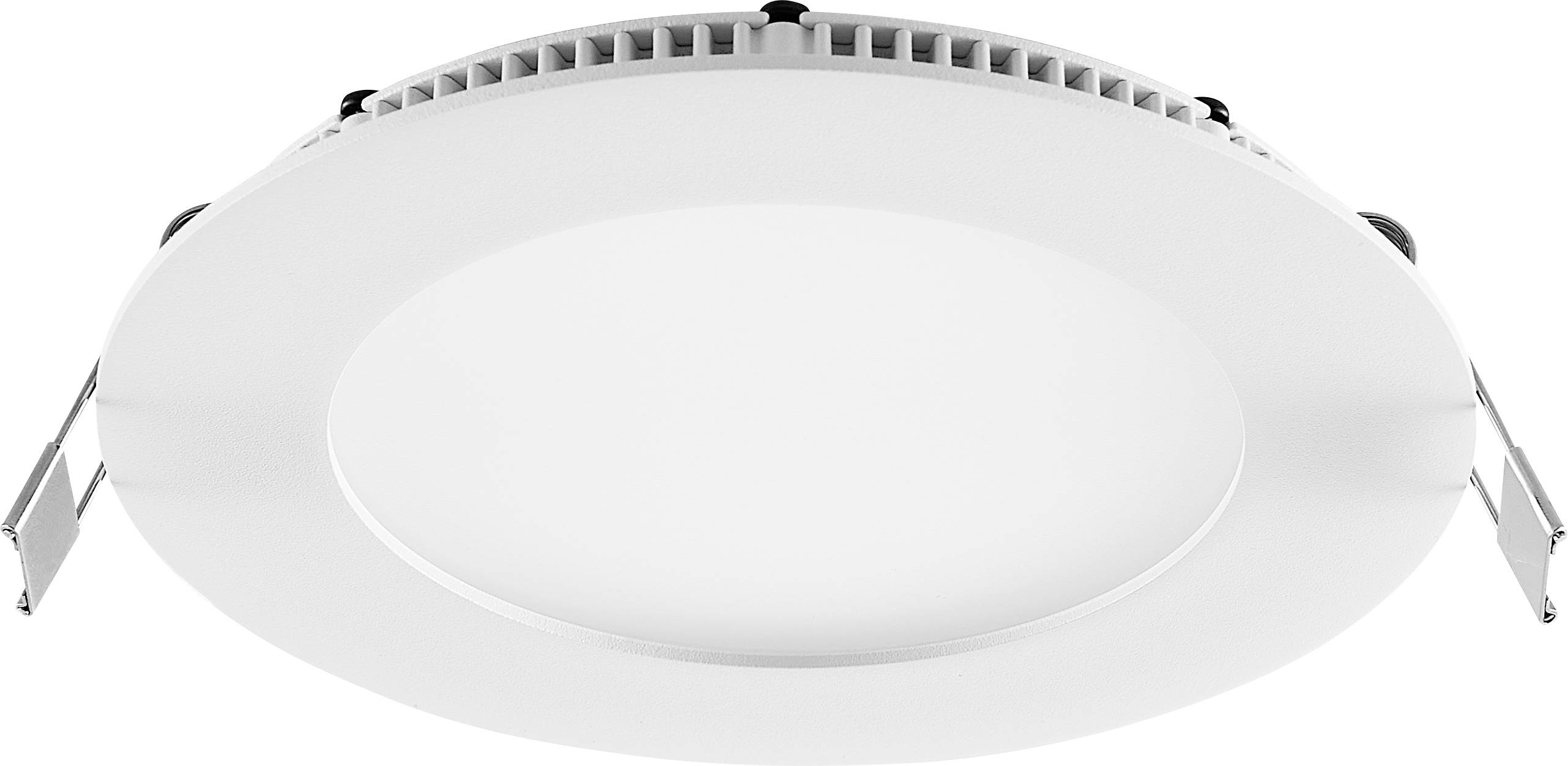 Runde weiße LED-Einbauleuchte mit seitlichen Federklemmen auf weißem Hintergrund.