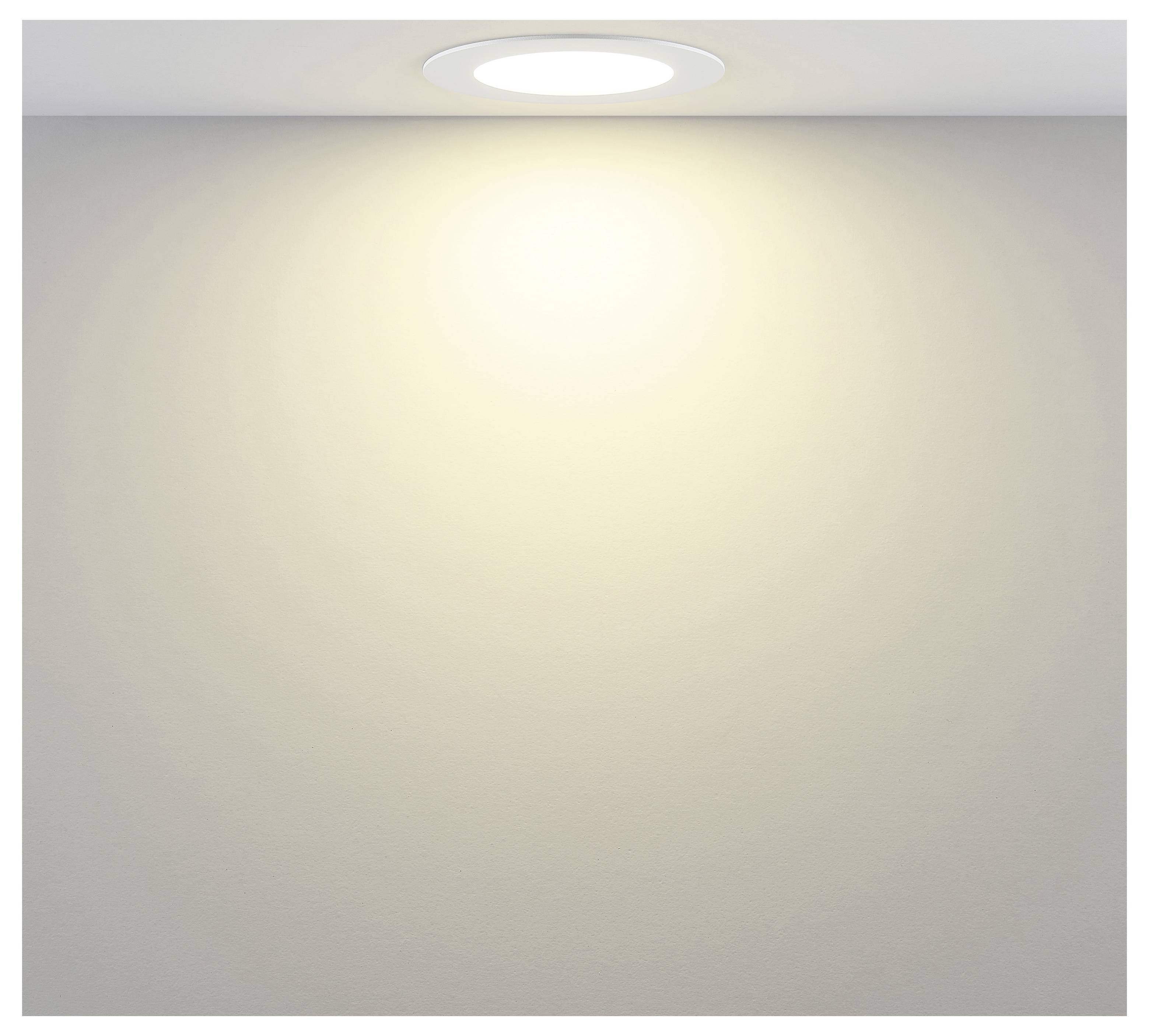 Runde weiße LED-Einbauleuchte mit angebrachter Verkabelung, Federklemmen und Steckverbinder für die Montage in Kassettendecken.