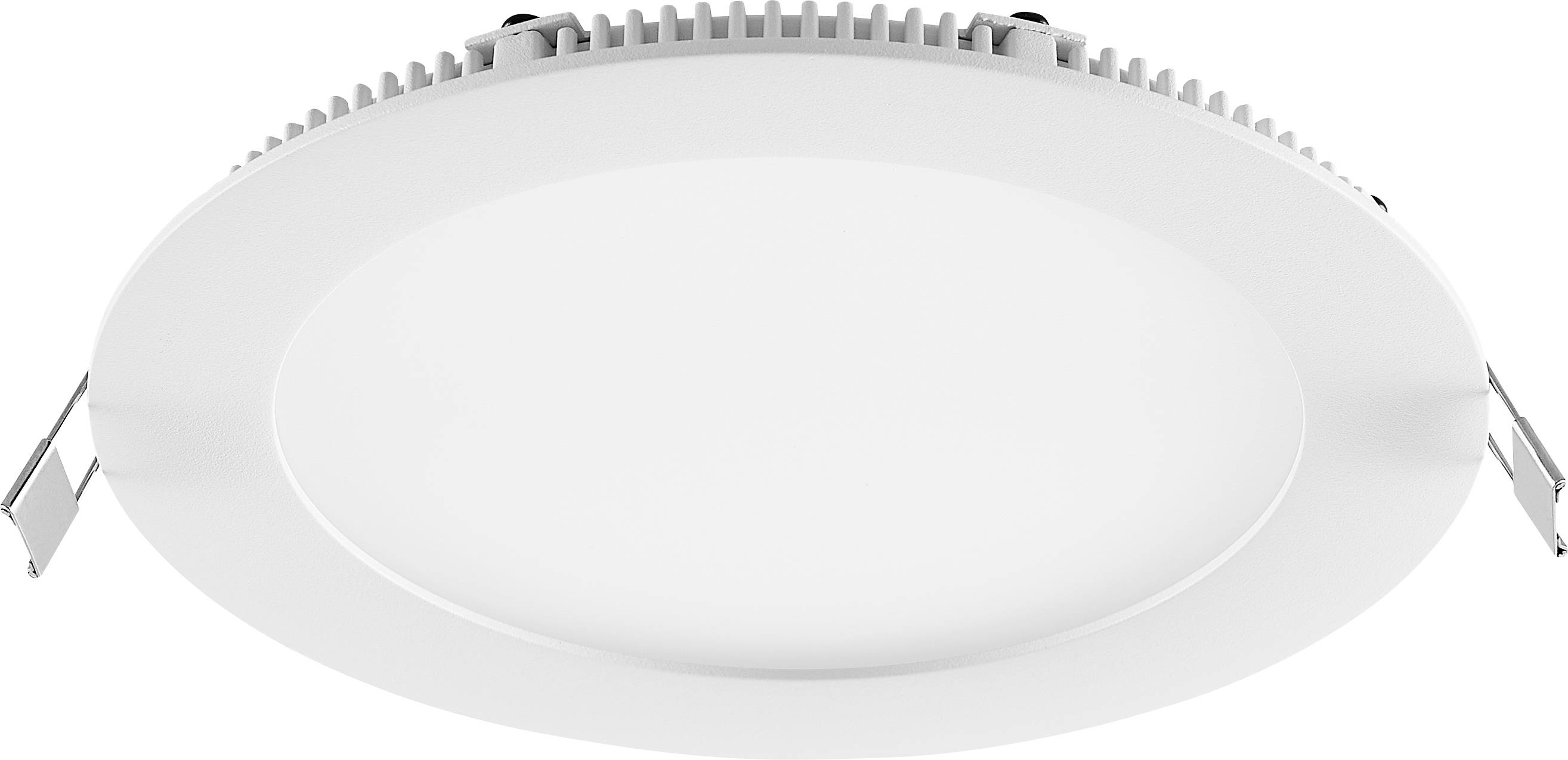 Runde weiße LED-Einbauleuchte für die Decke mit seitlichen Federklemmen, von unten auf weißem Hintergrund dargestellt.