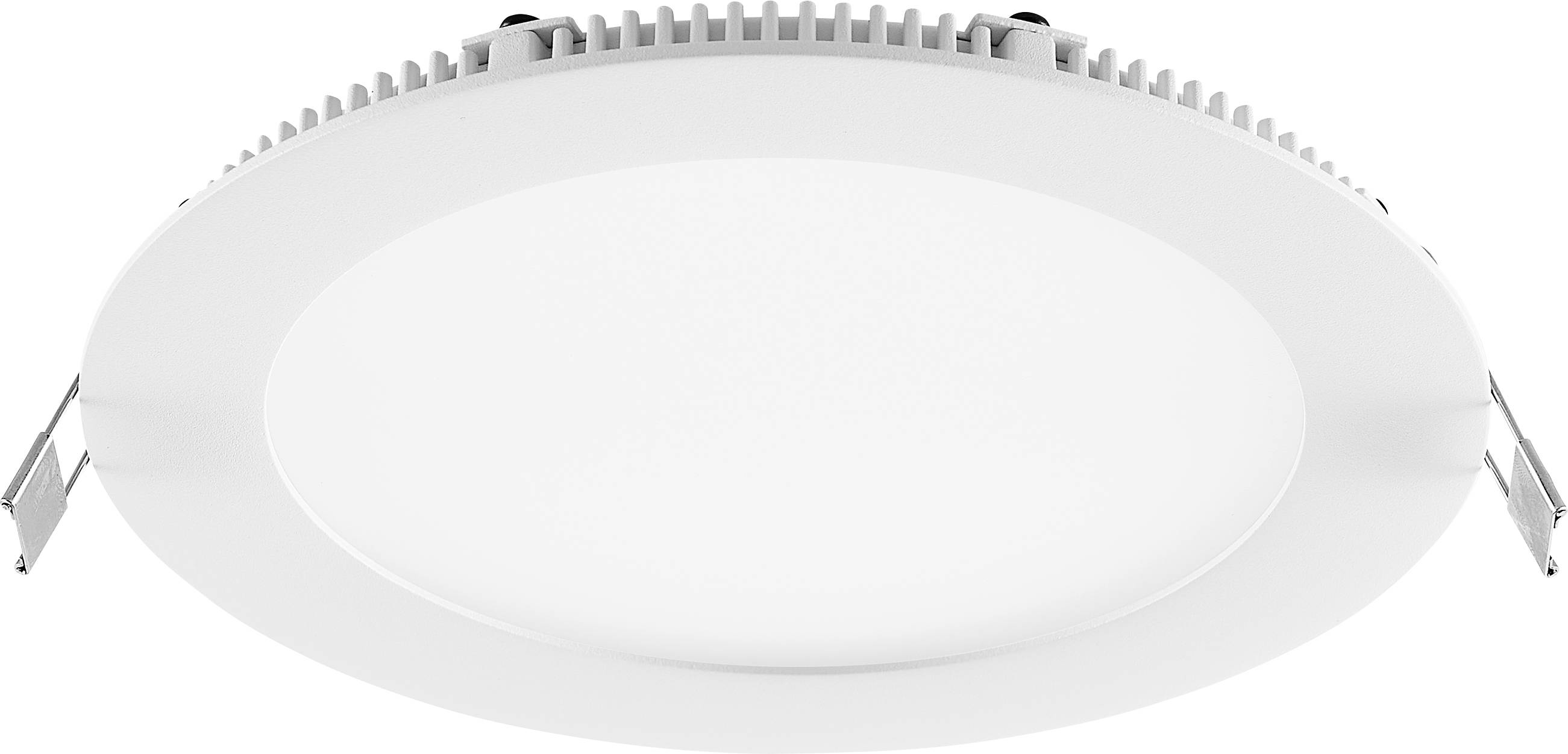 Rundes weißes LED-Einbauleuchten-Paneel für die Decke mit seitlichen Federklemmen, gezeigt in Produktansicht auf neutralem Hintergrund