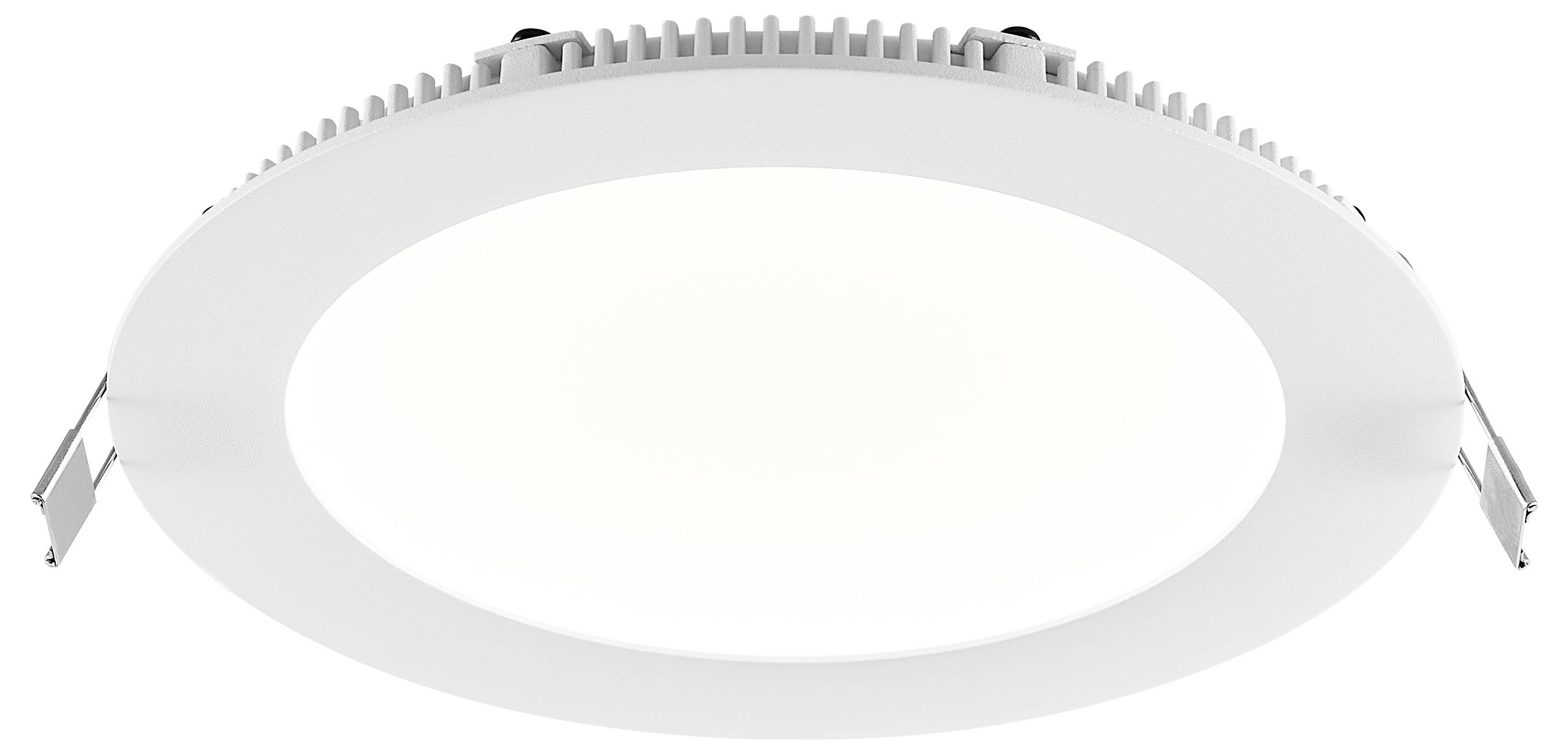 Rundes, eingelassenes LED-Deckenleuchten-Einbaugehäuse mit weißem Rahmen und seitlichen Federklemmen