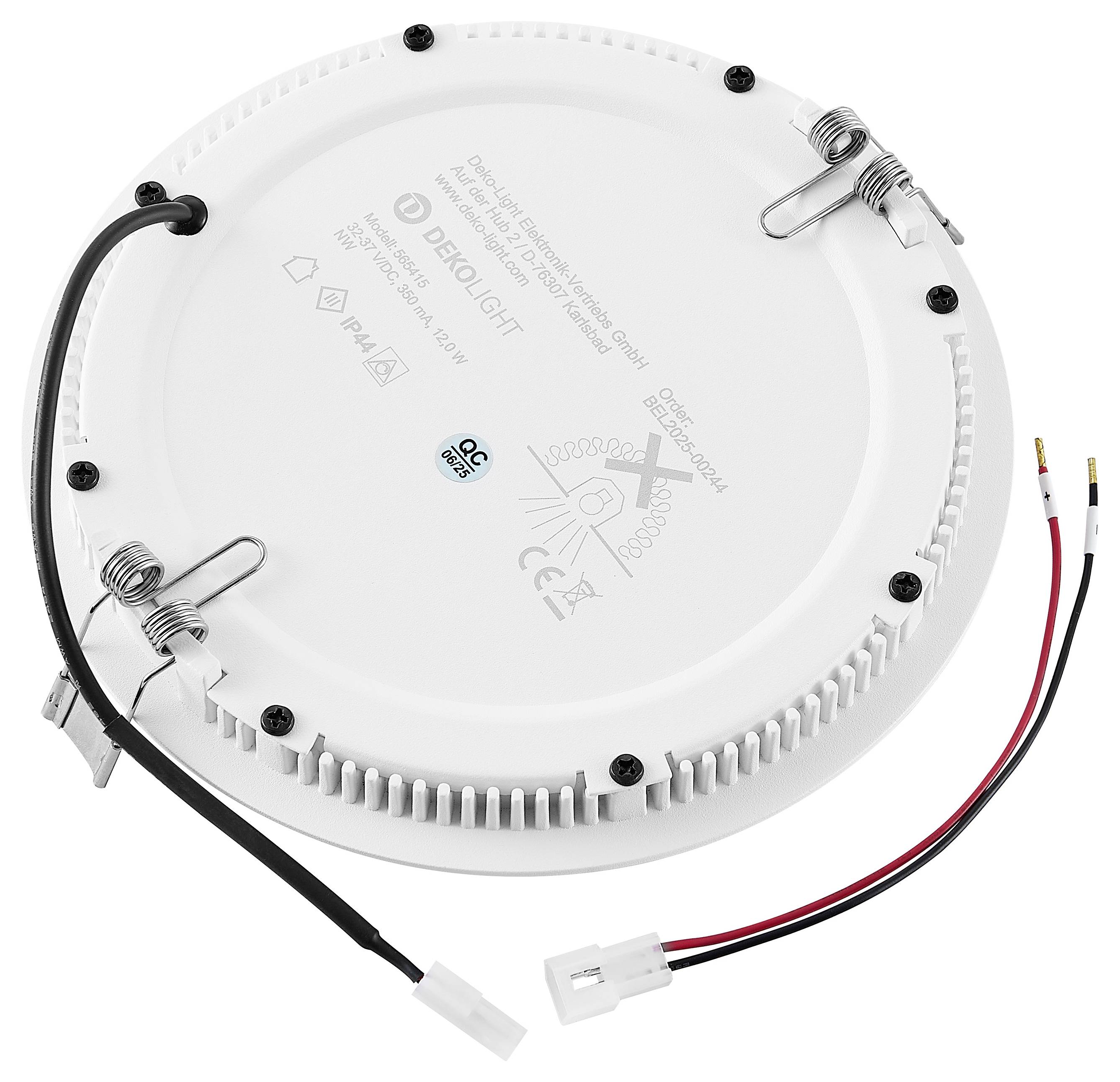 Rundes weißes LED-Einbauleuchten-Ausführung von hinten gezeigt, mit Befestigungsfedern und schwarzen/roten Stromzuleitungen mit Steckverbindern.