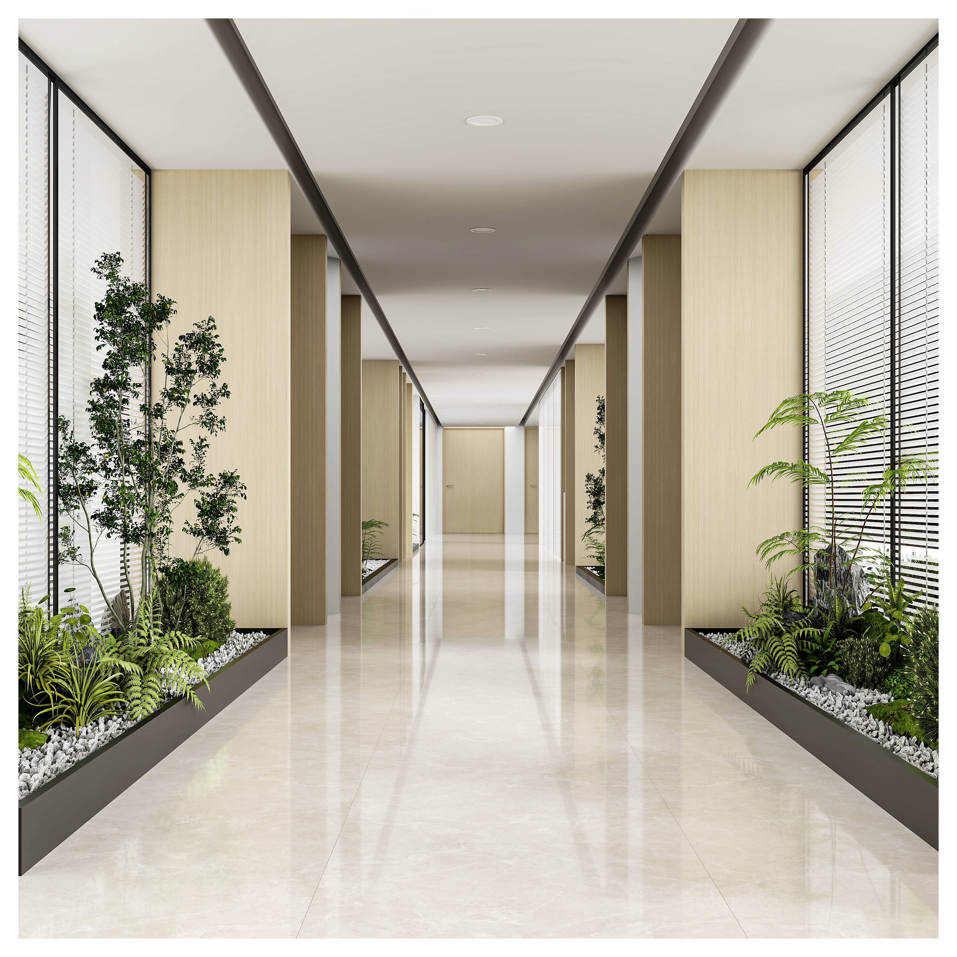 Moderner Büroflur mit glänzendem Boden, Holzverkleideten Säulen und Innenraum-Blumenkästen auf beiden Seiten, die zu einer geschlossenen Tür führen.