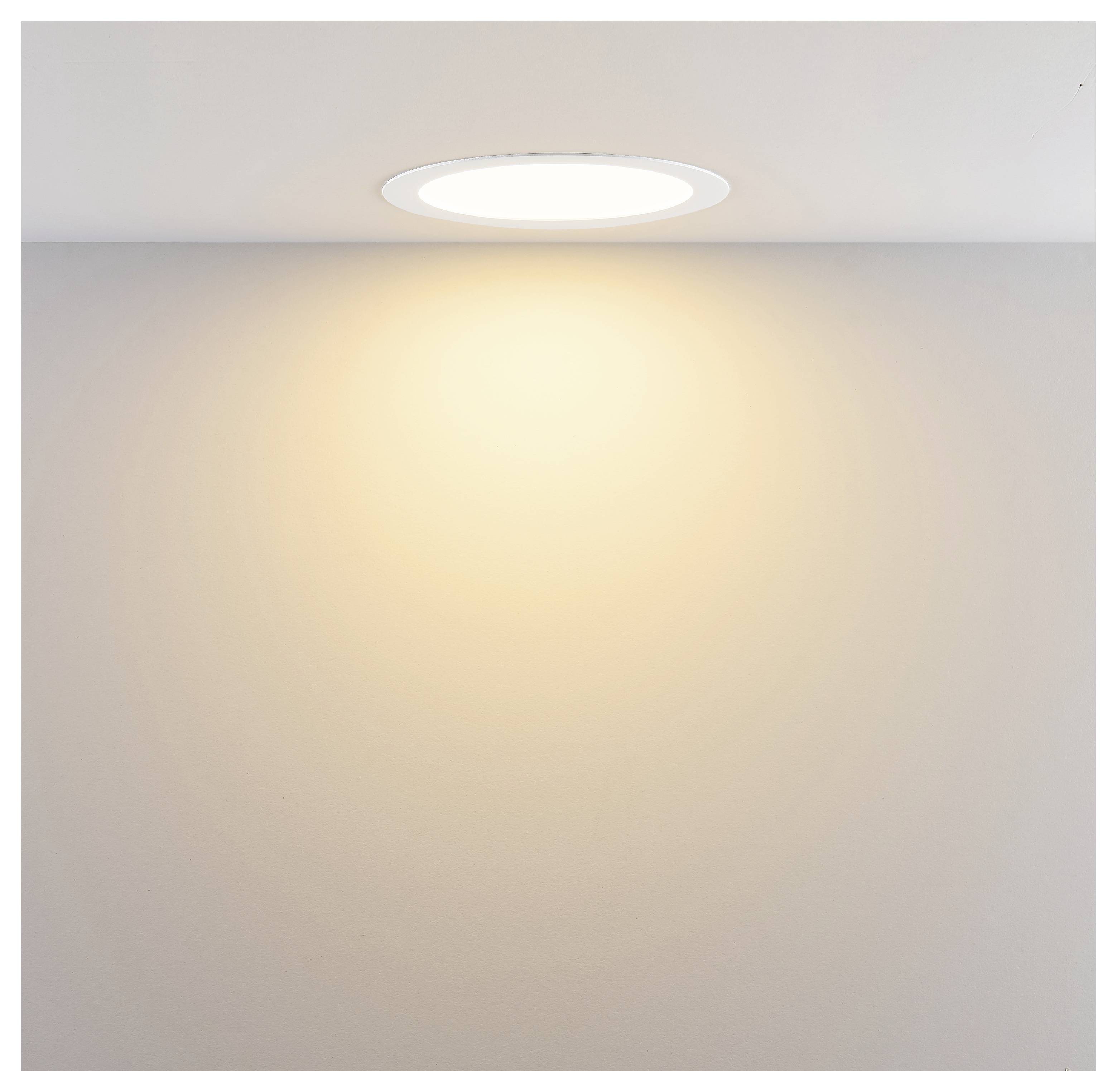Rundes weißes LED-Panelleuchten-Gehäuse mit angebrachtem Stromkabel und Federklammern für die Unterputz-Deckeninstallation.