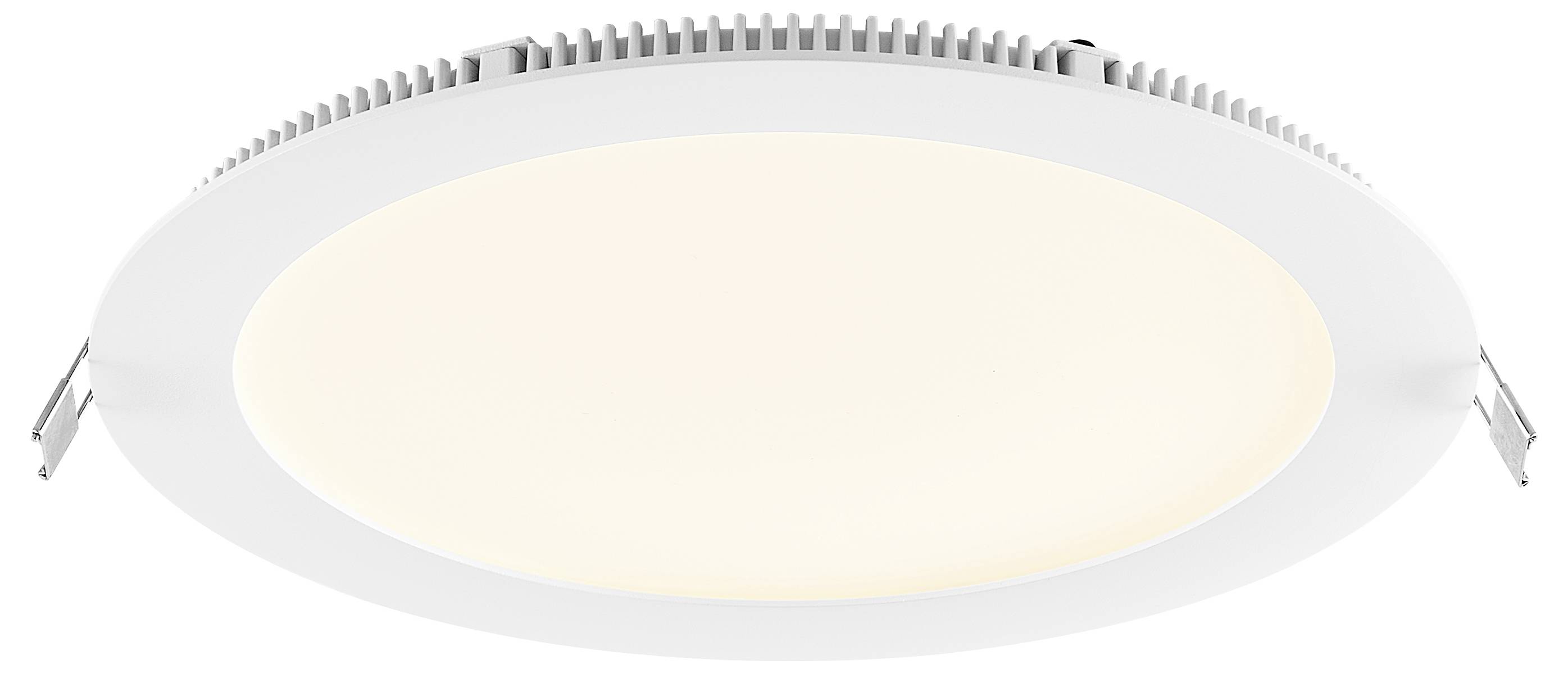 Rundes, eingelassenes LED-Deckenleuchten-Einbaugehäuse mit warmweiß illuminiertem Zentrum und silberfarbenem Rahmen.