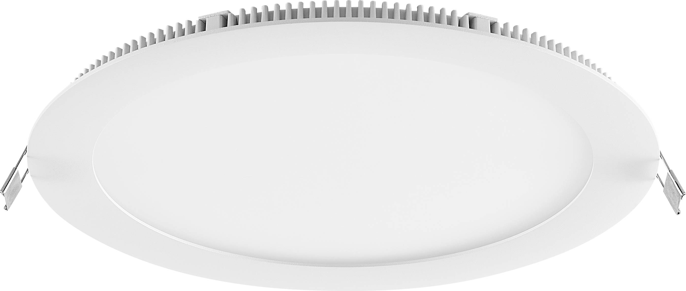 Rundes weißes LED-Deckeneinbauleuchten-Panel mit Federklammern an den Seiten und belüfteten Rippen am Rand.