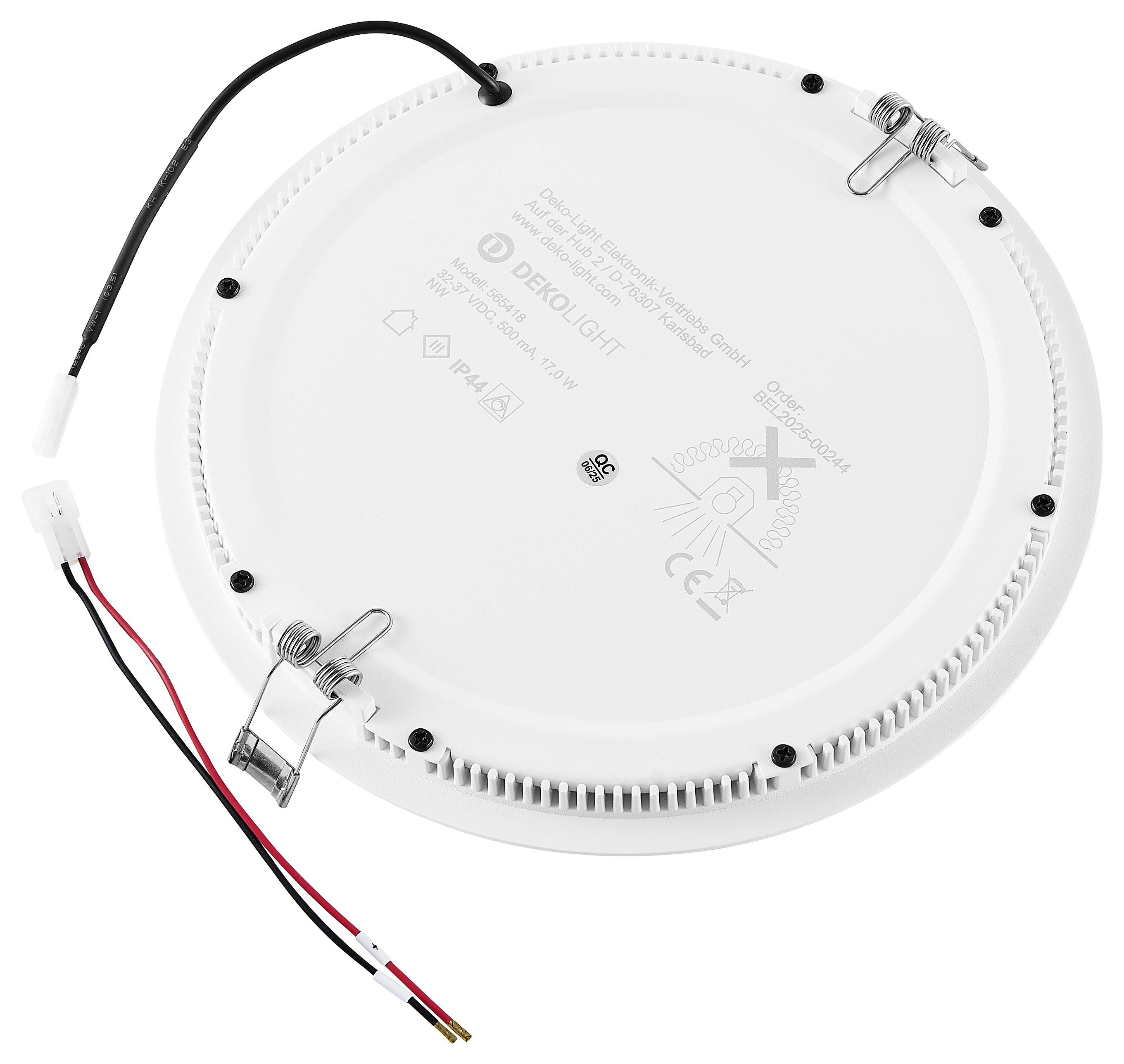 Rundes weißes LED-Einbau-Deckenlichtpanel mit angebrachtem schwarzem, rotem und weißem Verdrahtungsanschluss, von hinten gezeigt.