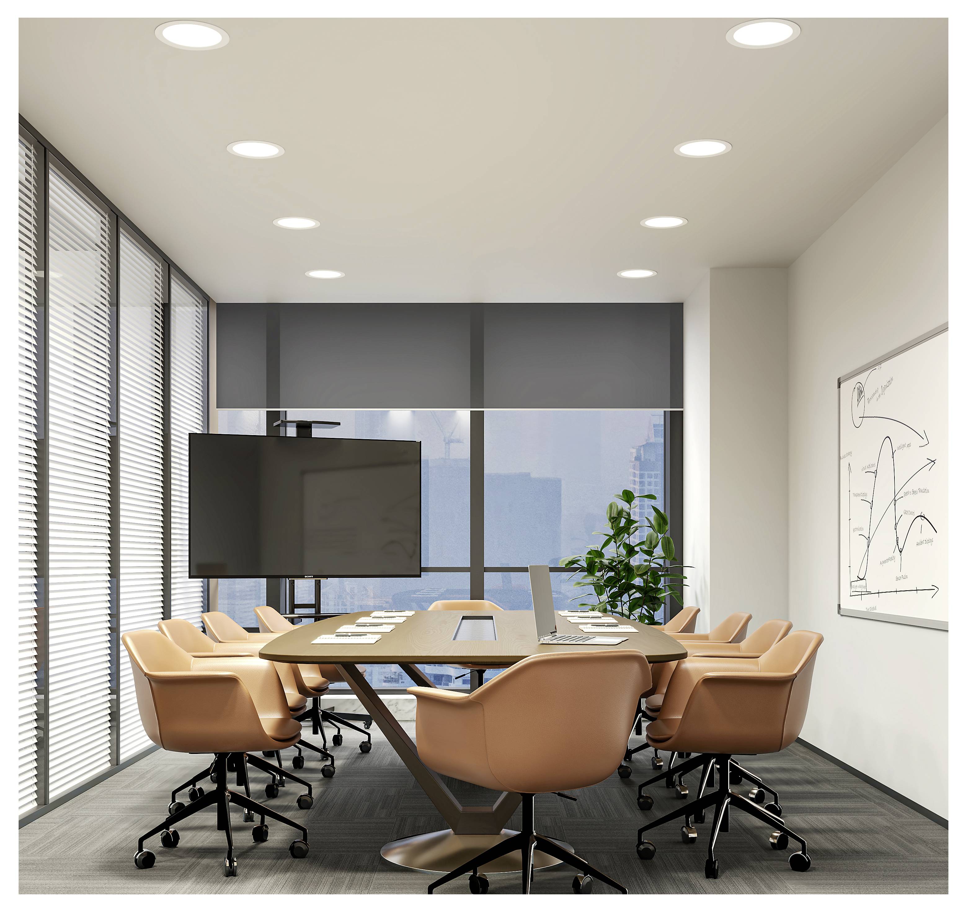 Moderner Konferenzraum mit großem Besprechungstisch, beige Stühle, wandmontierter Bildschirm, Whiteboard und Fenster mit Stadtblick.