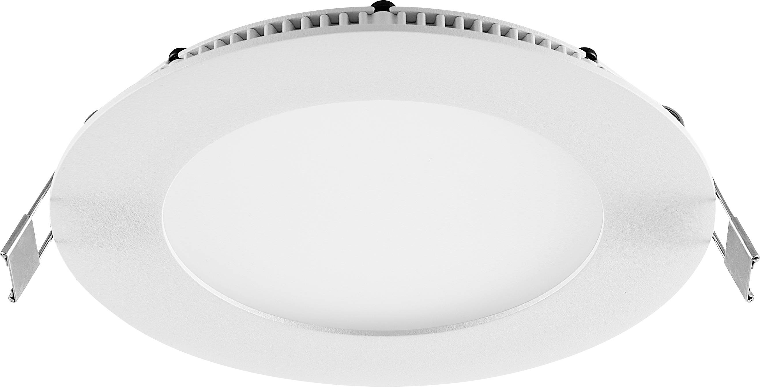 Rundes weißes LED-Einbauleuchten-Paneel mit Federclips auf weißem Hintergrund