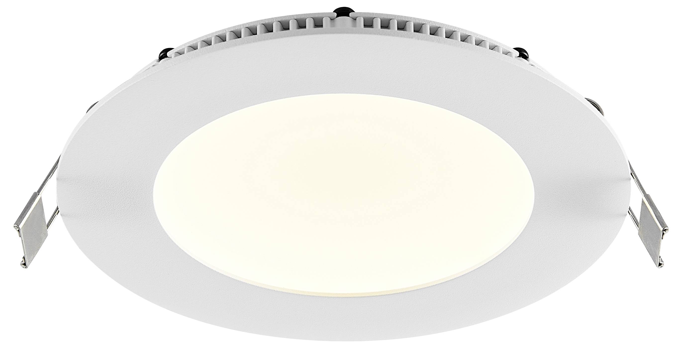 Runde, eingebaute LED-Deckenleuchte mit weißem Rand und seitlichen Spannclips auf weißem Hintergrund.