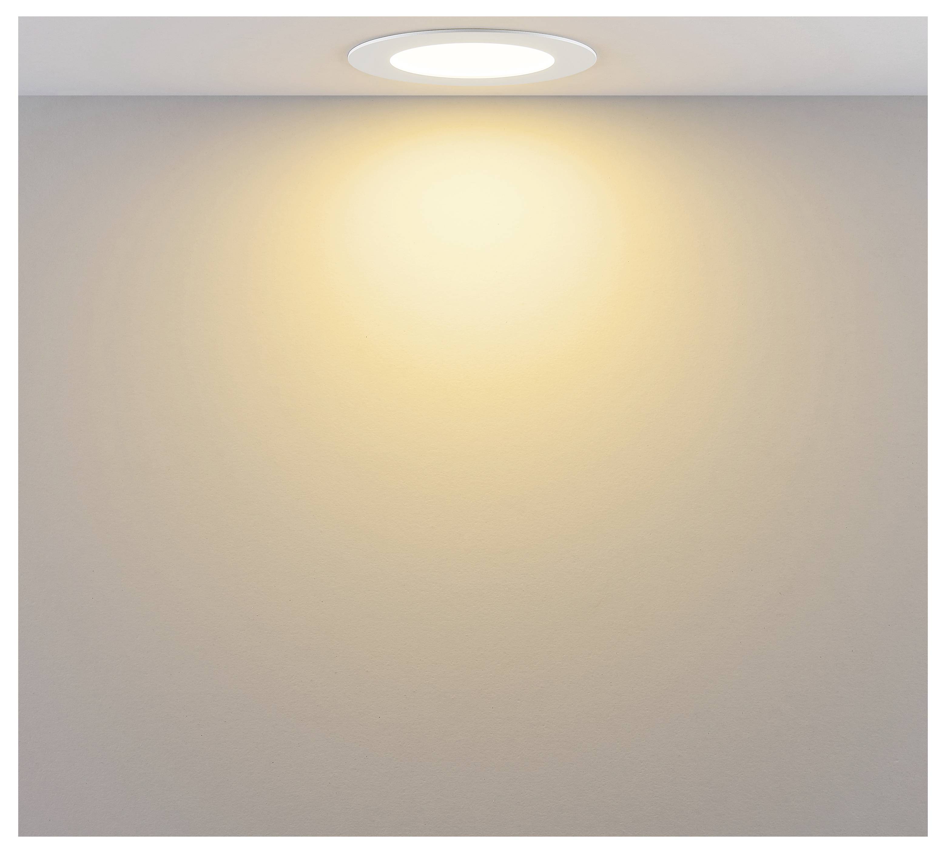 Deckenspot strahlt einen warmen, kreisförmigen Lichtkegel auf eine schlichte beige Wand.