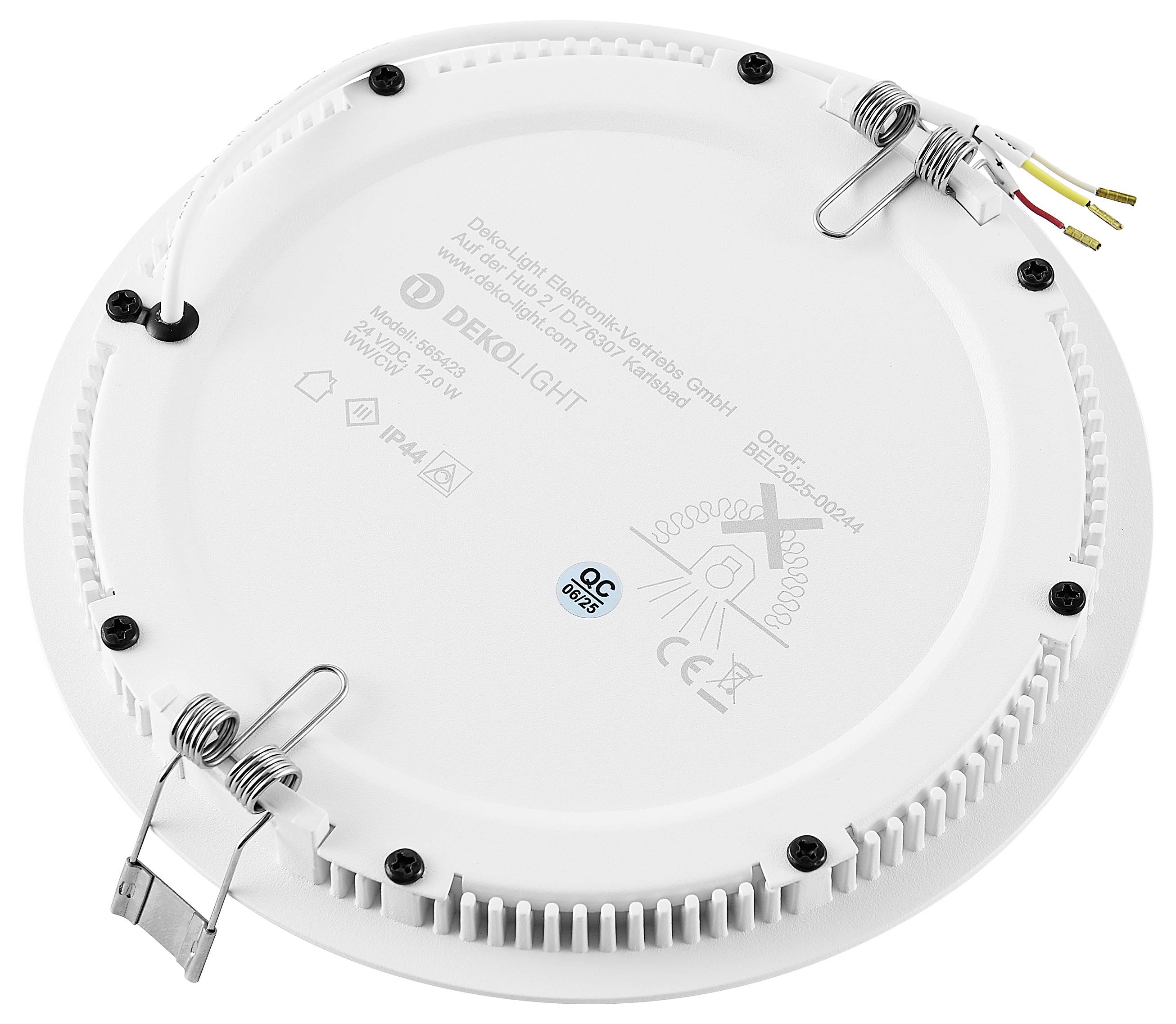 Rundes weißes DEKOLIGHT Einbau-LED-Panellicht von hinten gezeigt, mit Befestigungsfedern und angebrachten Kabeln.