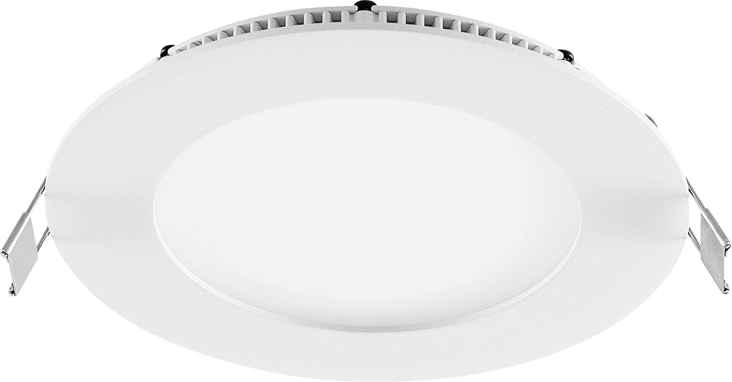 Rundes, weiß eingelassenes LED-Deckenleuchten-Einbaugehäuse mit Seitenklemmen, vor weißem Hintergrund dargestellt.