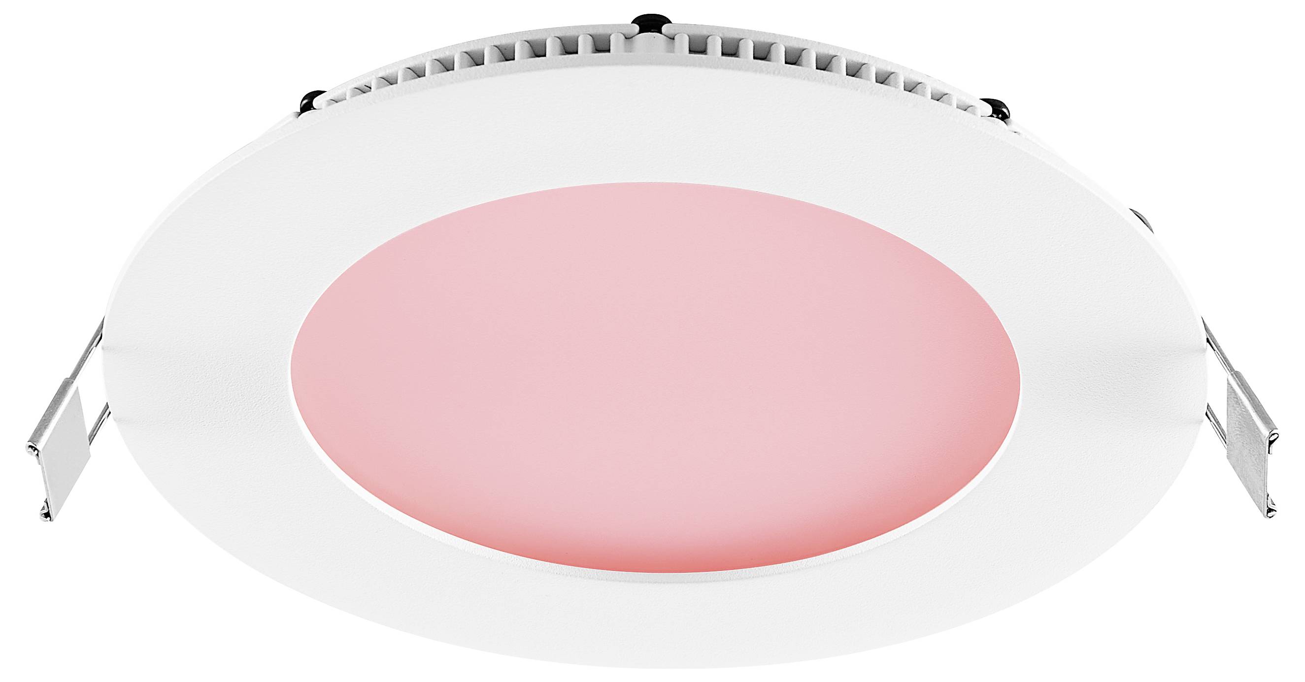 Runde weiße eingebaute Deckenleuchte mit einem rosa beleuchteten mittleren Panel, Frontansicht auf weißem Hintergrund.