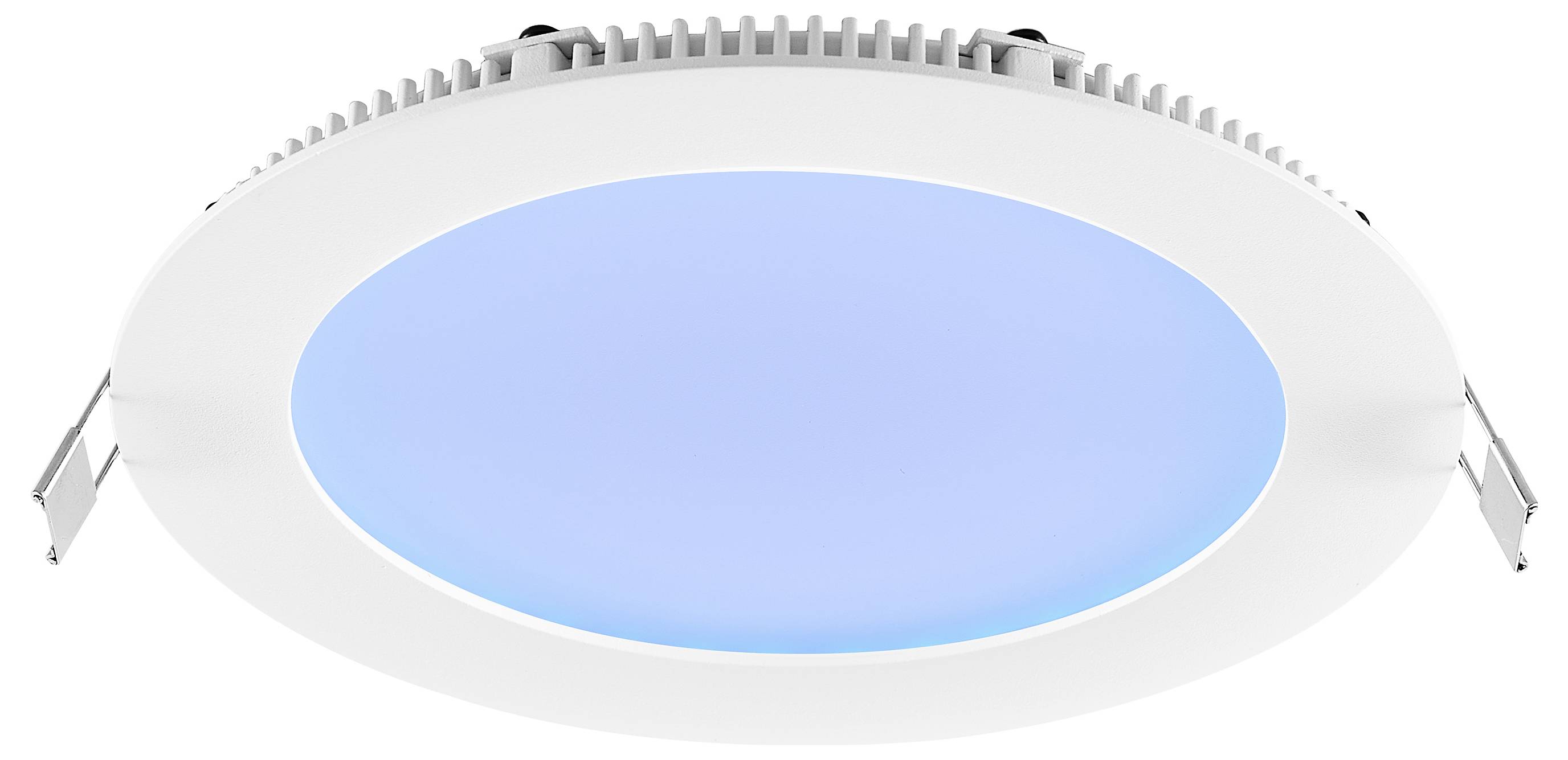 Runde, eingelassene LED-Deckenleuchte mit leuchtendem blauem Mittelteil und weißem Rand, dargestellt als Produktabbildung.