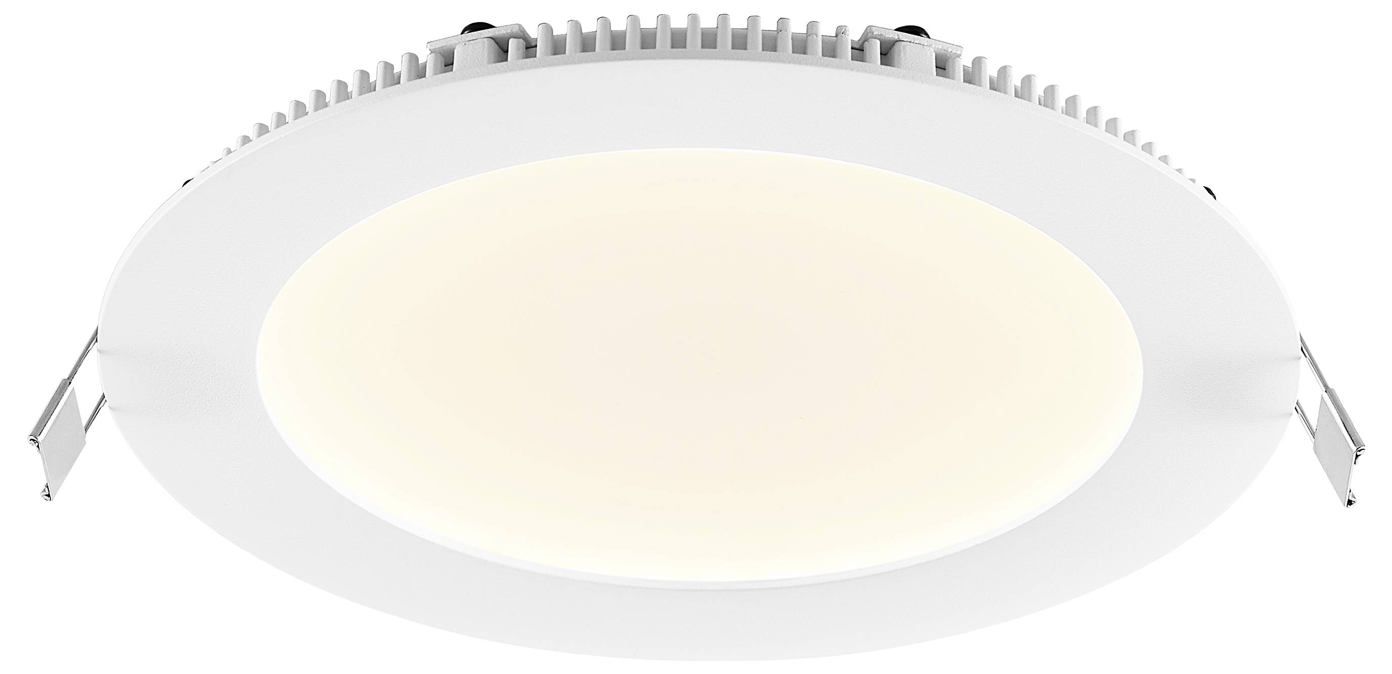 Runde eingebaute LED-Deckenleuchte mit weißem Rahmen und warm leuchtendem Zentrum, vor neutralem Hintergrund abgebildet.