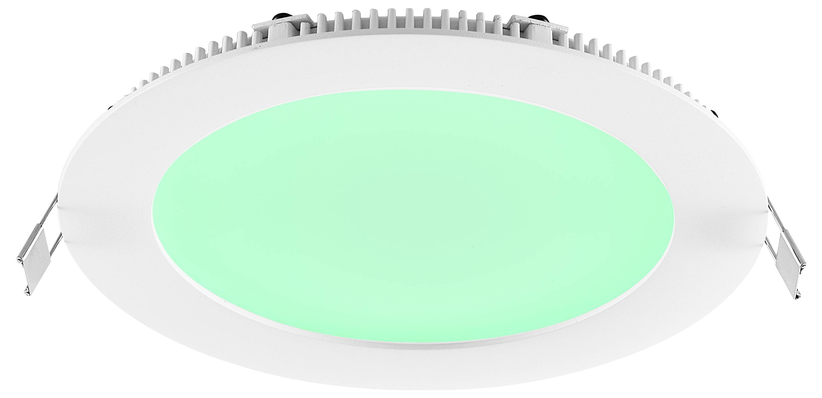 Rundes, bündiges LED-Deckenflächenlicht mit leuchtendem grünem Mittelpunkt und weißer Einfassung.