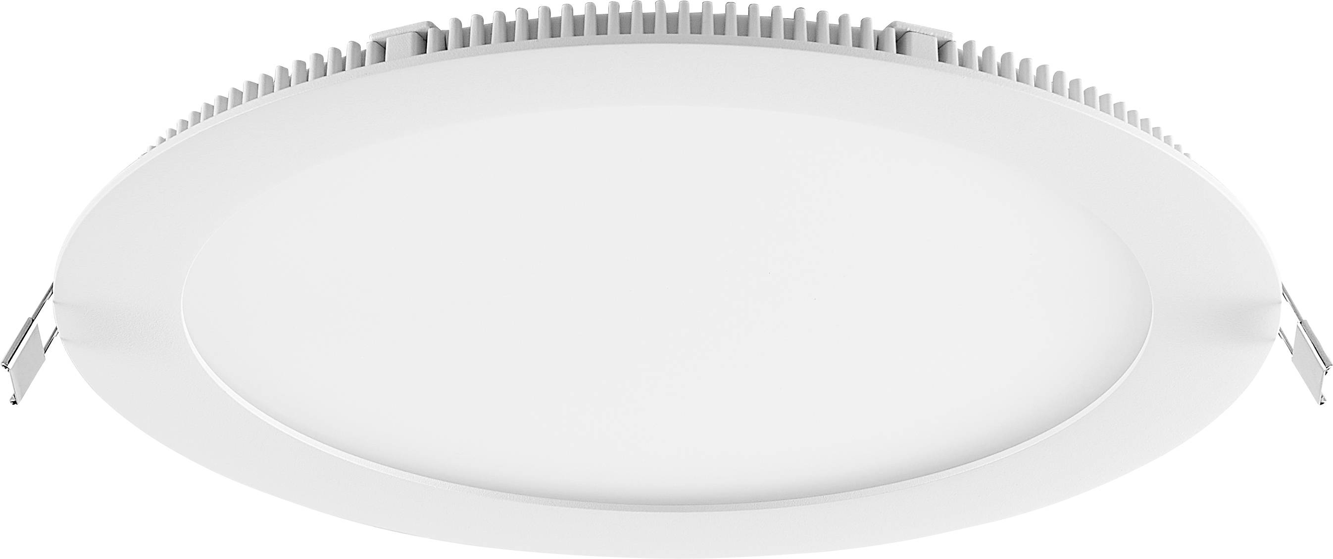 Runde weiße LED-Einbauleuchte mit seitlichen Federklammern auf einfachem Hintergrund.