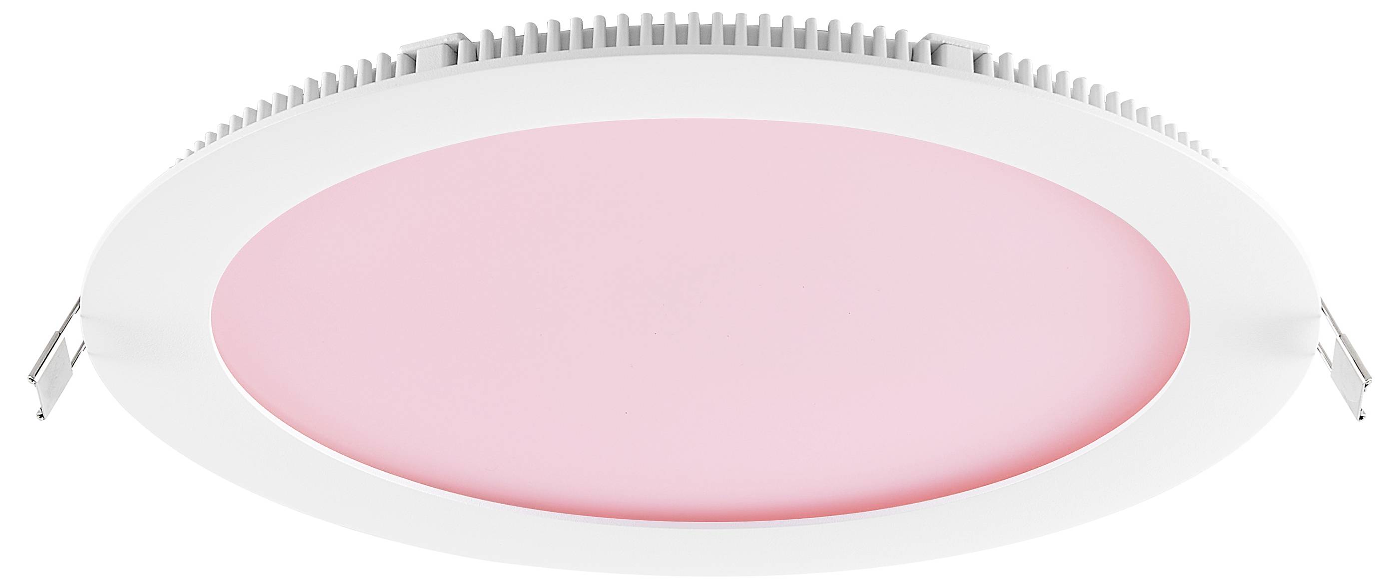 Runde weiße Deckenleuchte mit pink leuchtendem Mittelpunkt, von unten auf neutralem Hintergrund gezeigt.