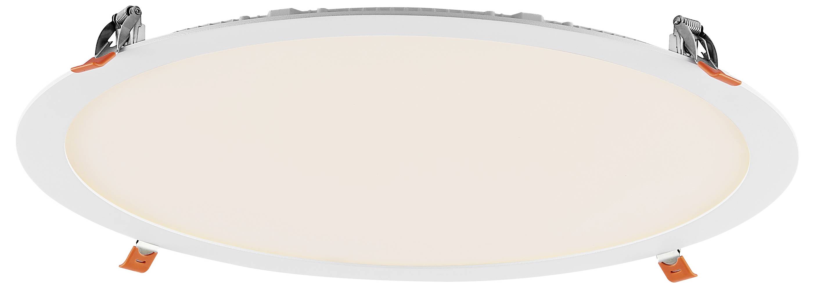 Ovale, eingebaute Deckenleuchte mit mattiertem Diffusor und silbernem Rahmen, von unten fotografiert mit sichtbaren Befestigungsclips.