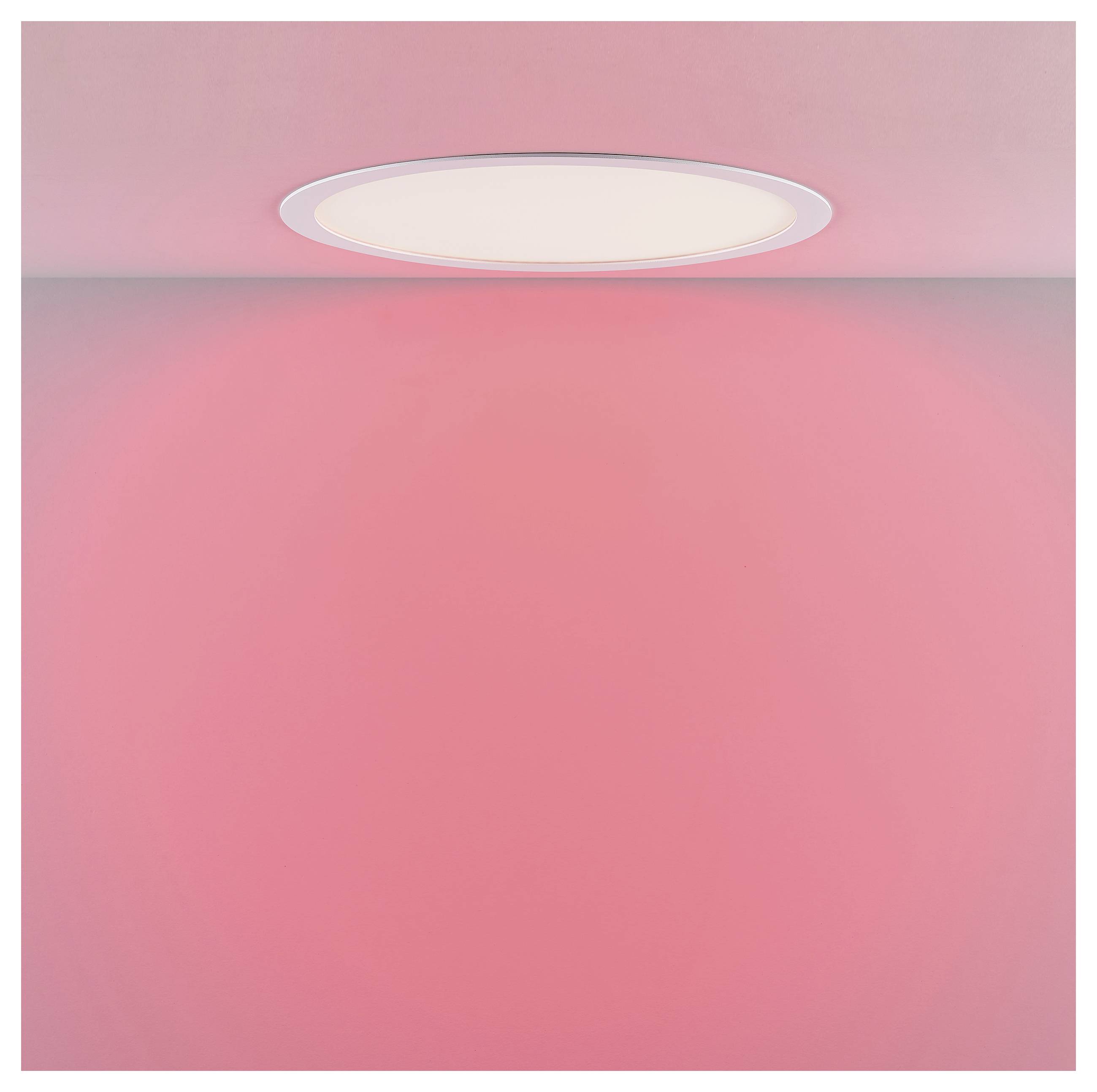 Abstrakter rosa Farbverlaufshintergrund mit einem weichen weißen Oval in der Nähe der Oberkante, das einer Deckenleuchte oder Öffnung ähnelt.