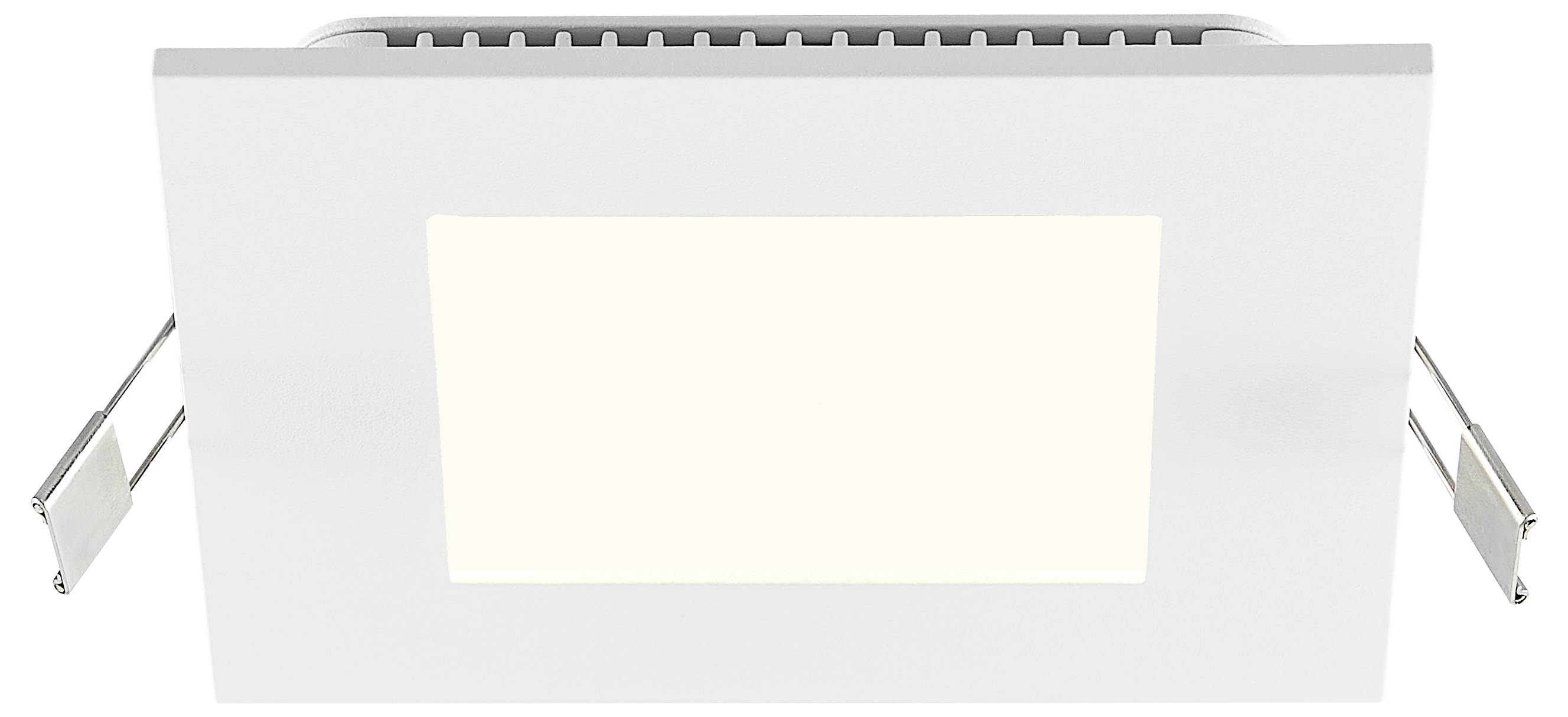 Ein weißes rechteckiges, an der Wand montiertes Gerät mit leerer Frontplatte und seitlichen Halterungen, von vorne betrachtet.
