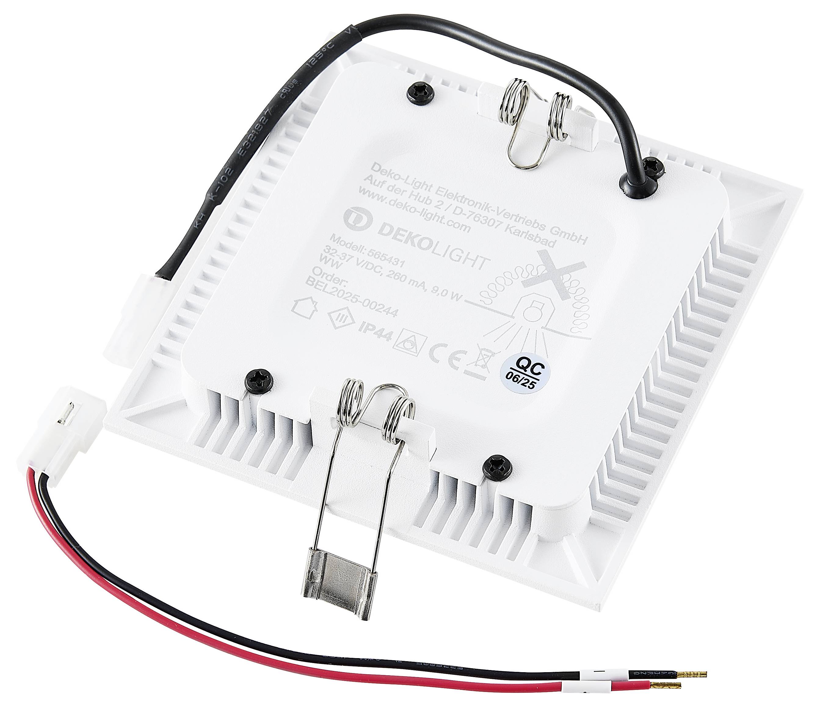 Weiße LED-Einbauleuchte Treibermodul mit angebrachten schwarzen und roten Drähten und Federclips, gezeigt auf weißem Hintergrund.