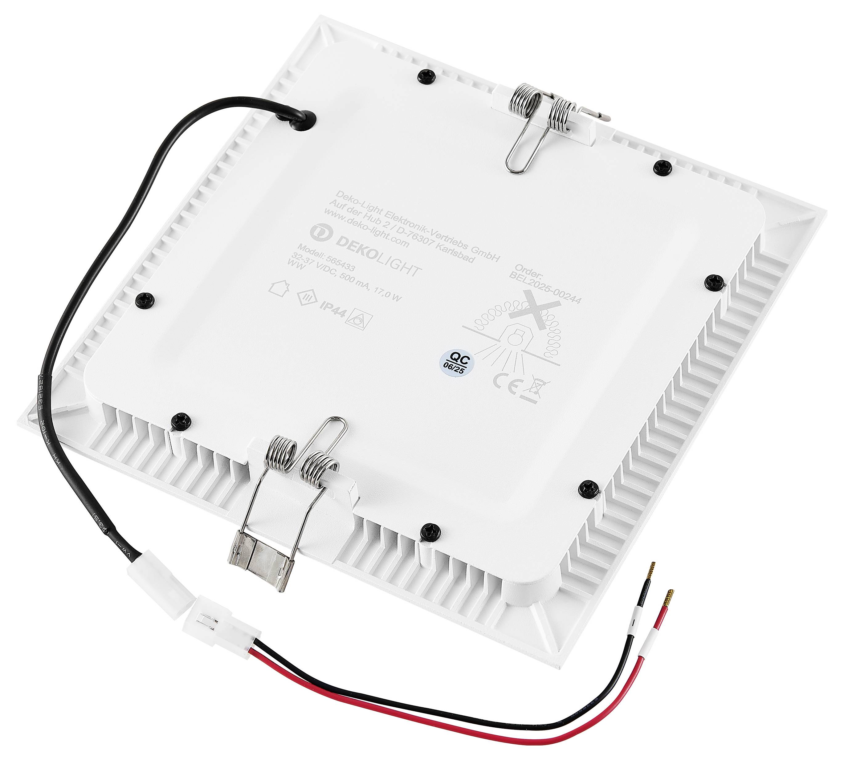 Quadratisches weißes LED-Leuchtpanel mit schwarzem Stromkabel und roten/schwarzen Drähten, von hinten gezeigt mit Federclips und Montagrahmen.