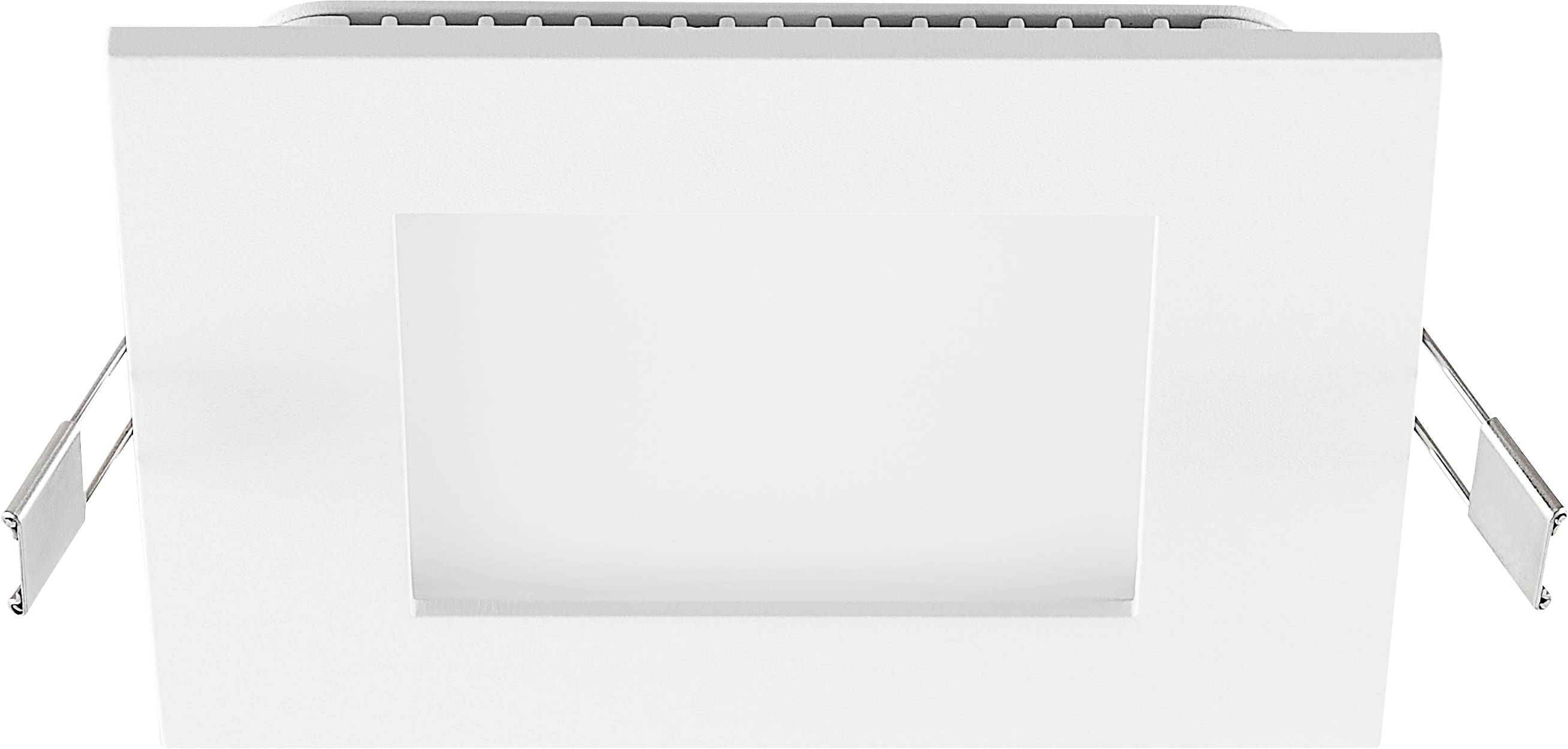 Weißer Metallwandschrank oder -gehäuse mit zentriertem Frontpanel und seitlichen Stützarmen, dargestellt vor neutralem Hintergrund.