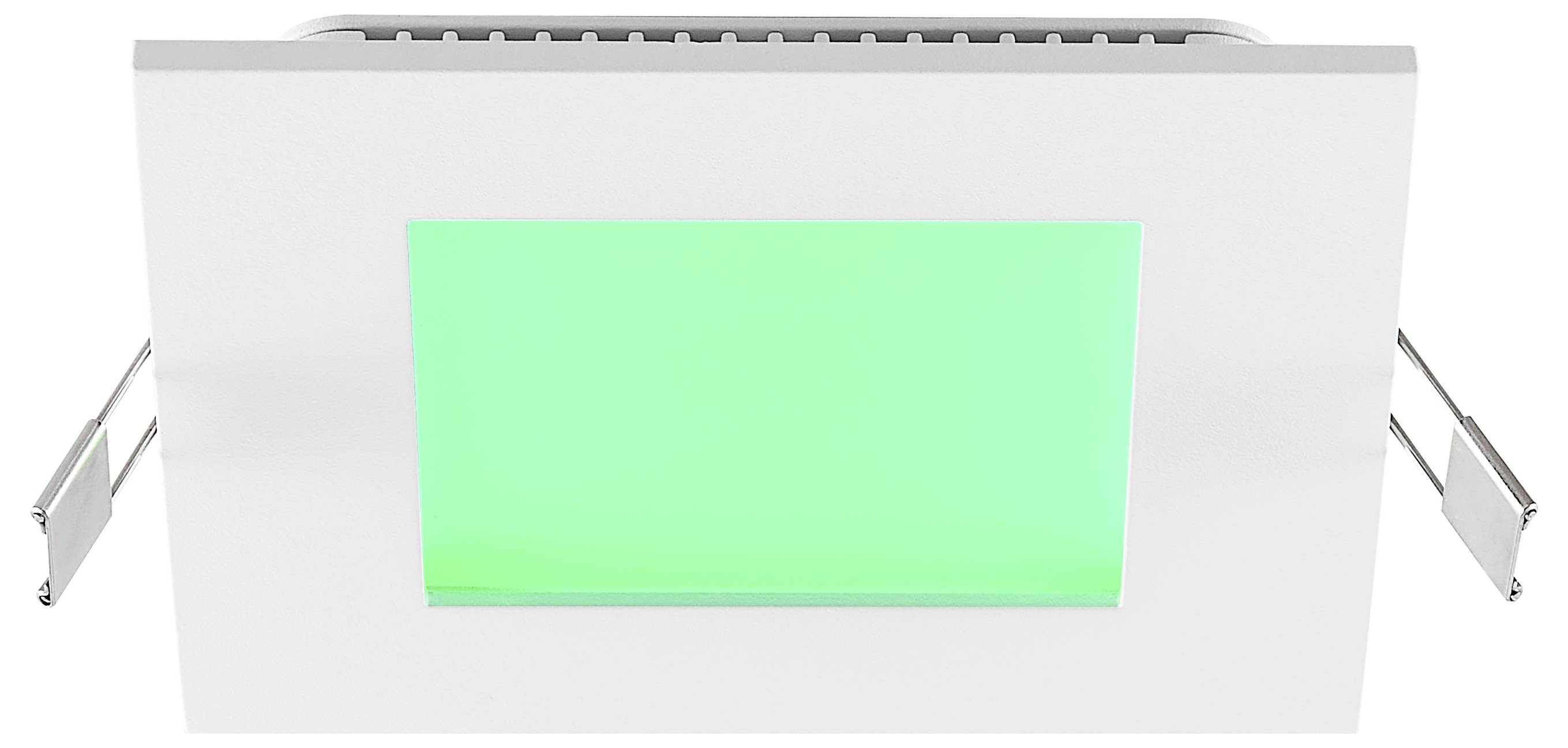 Weiße rechteckige Deckenleuchte mit einem leuchtend grünen illuminierten Panel in der Mitte und kleinen seitlichen Halterungen, die nach außen vorstehen.