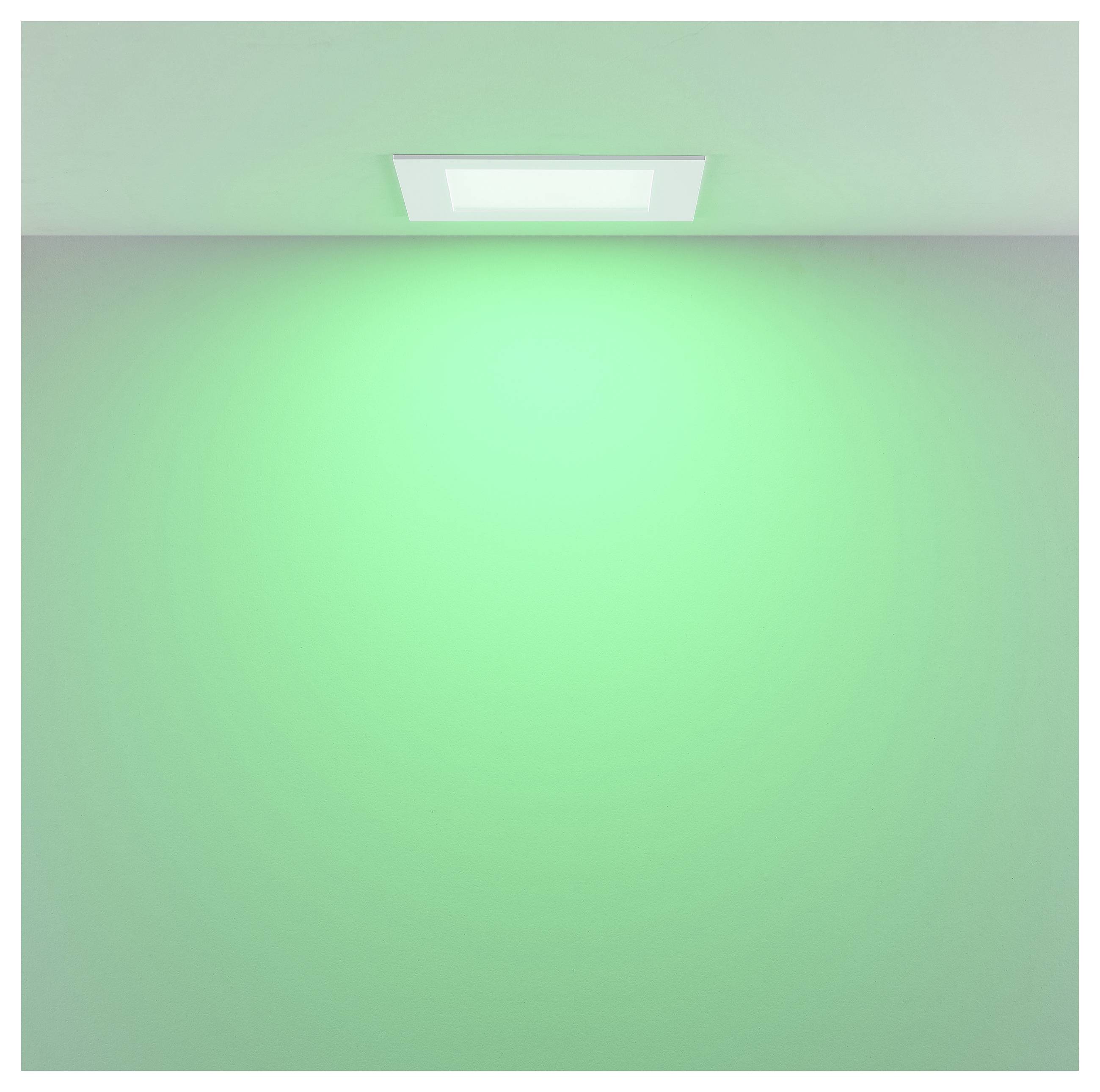 Weiße, bündige LED-Einbauleuchte mit rundem Diffusor und silbernem Trim, von unten auf einfachem Hintergrund gezeigt.