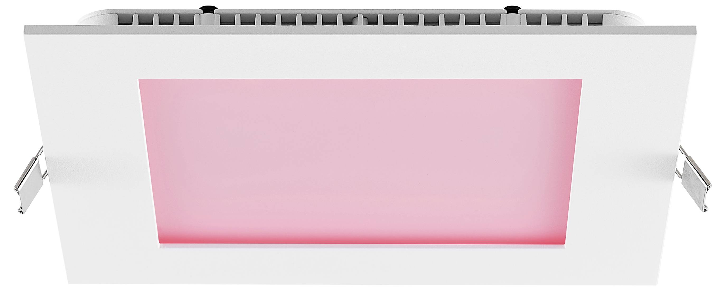 Weiß montierter Wandheizer oder Klimaanlage mit einem großen rosa beleuchteten Frontpanel und Seitenbefestigungen auf schllichtem Hintergrund.